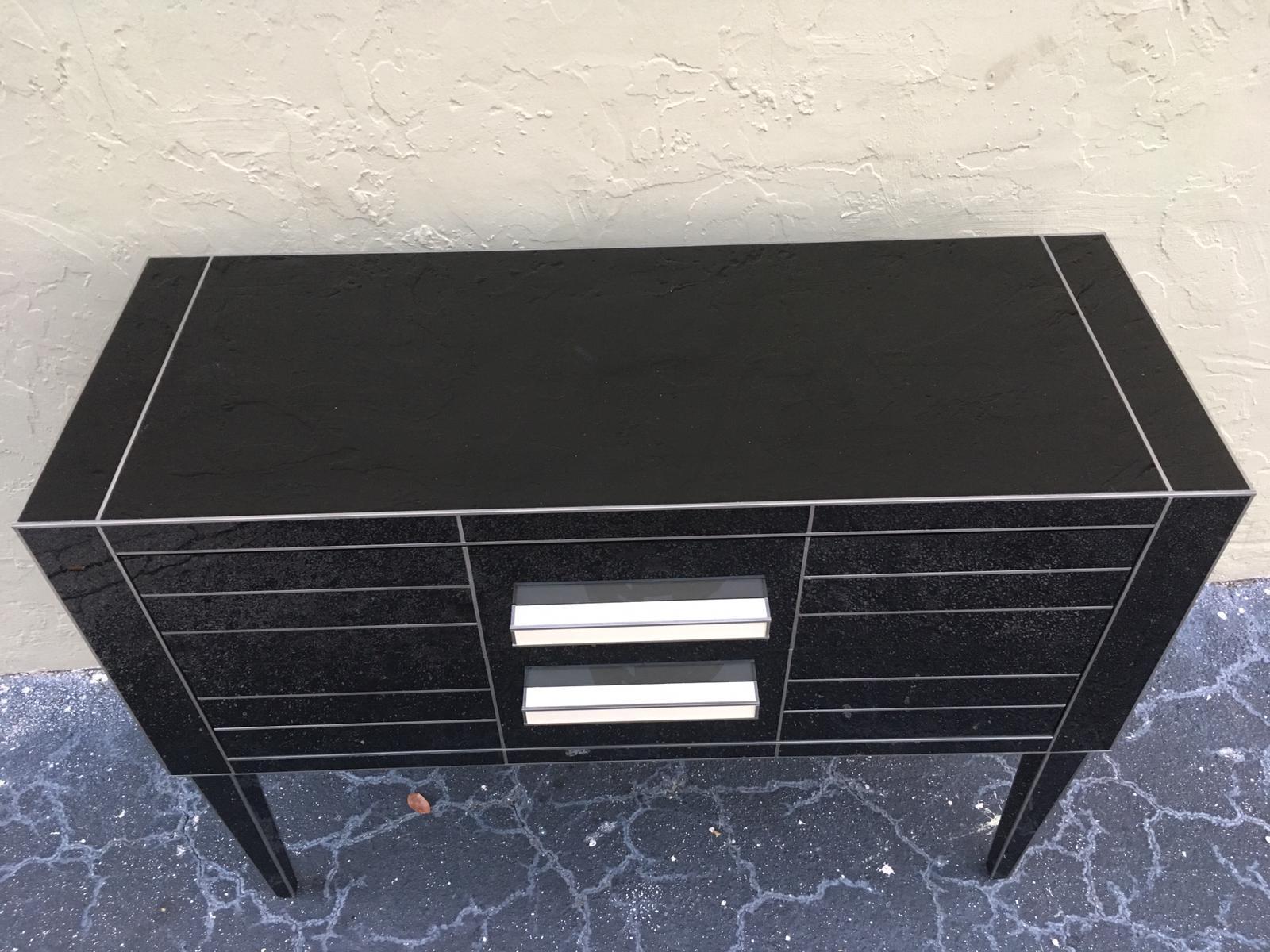 Contemporary New Chest of Drawers in Black Mirror and Aluminium with White Glass Handle