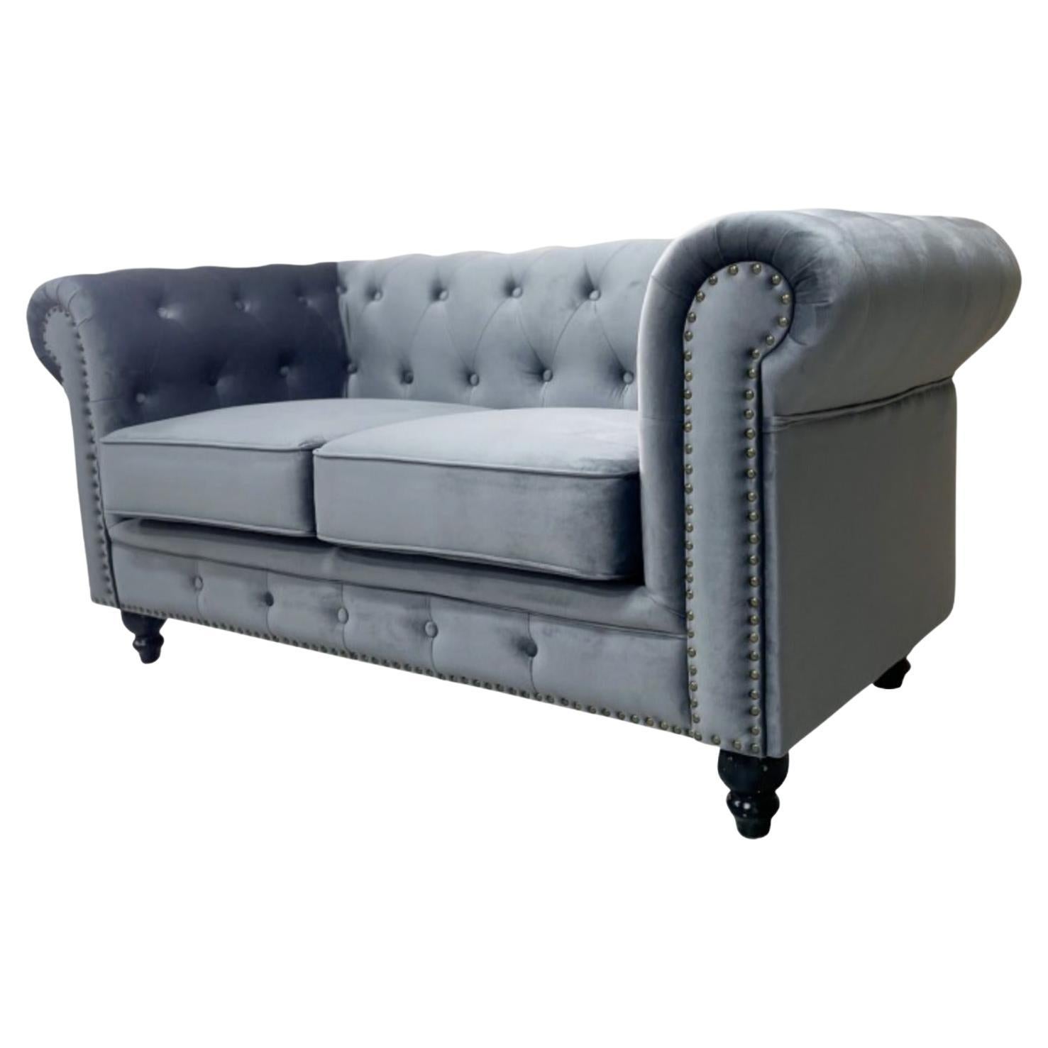 New Chester Premium 2 Seater Sofa, Gray Velvet Upholstery For Sale