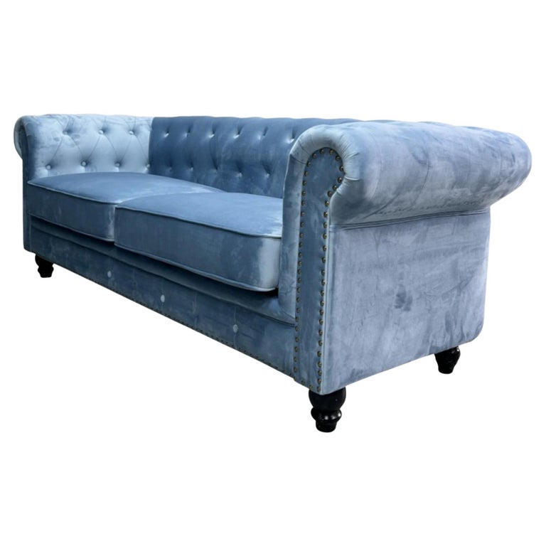 New Chester Premium 3 Seater Sofa, Dusky Blue Velvet Upholstery For