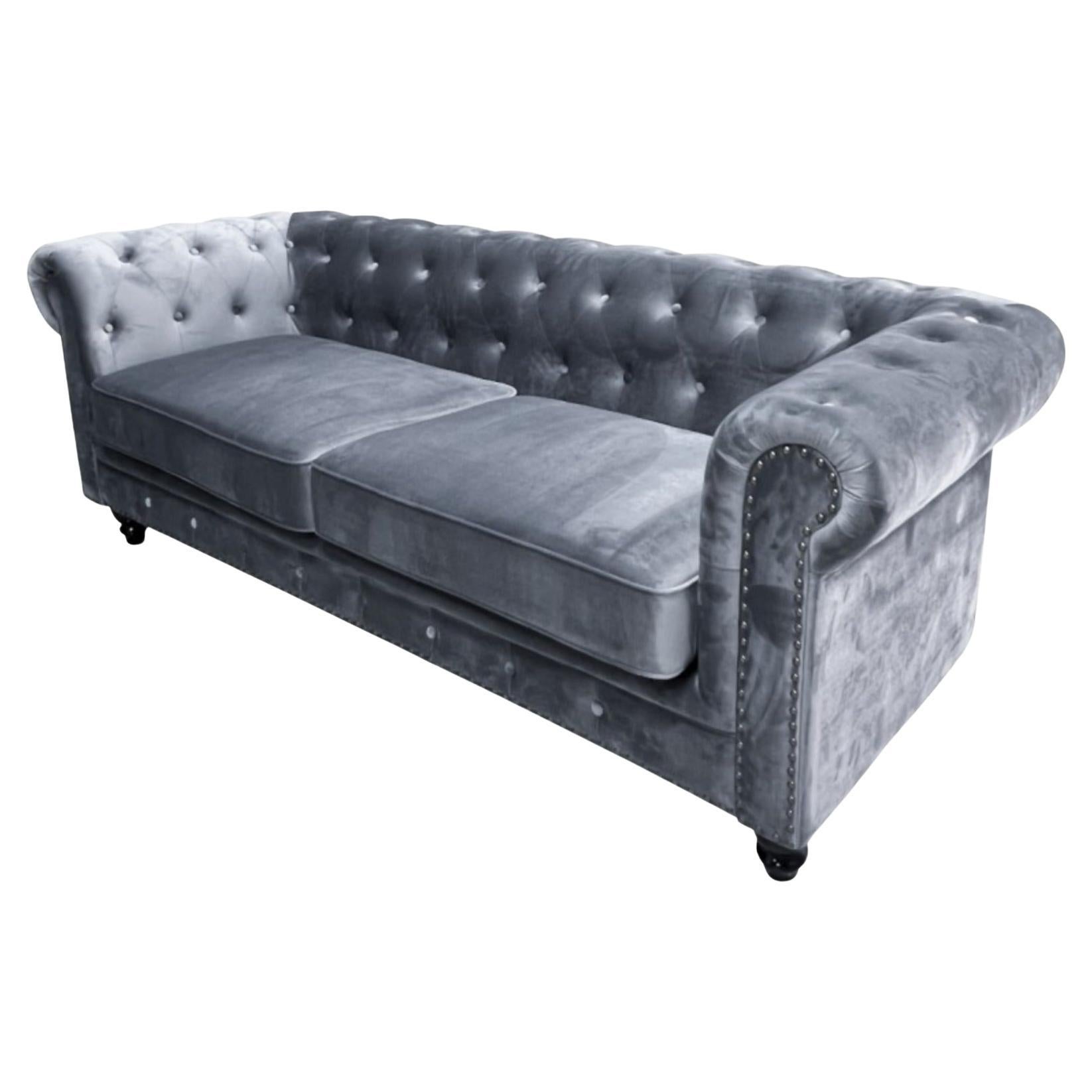 New Chester Premium 3 Seater Sofa, Gray Velvet Upholstery