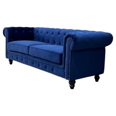 Vintage New Chester Premium 3 Seater Sofa, Navy Blue Velvet Upholstery