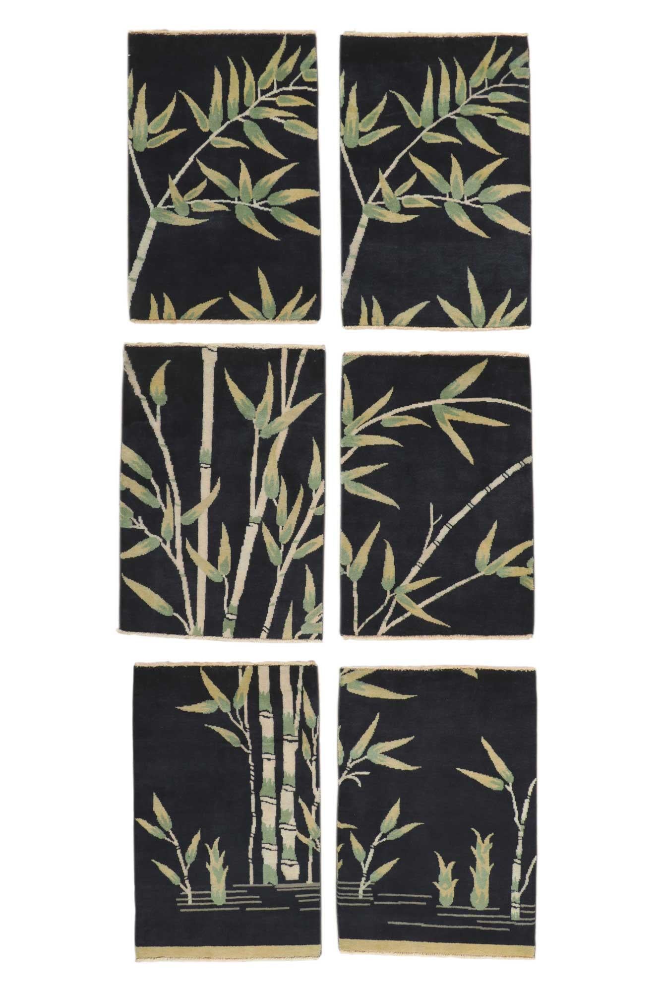 New Chinese Art Deco Rug Set of 6 with Bamboo Pictorial For Sale 3