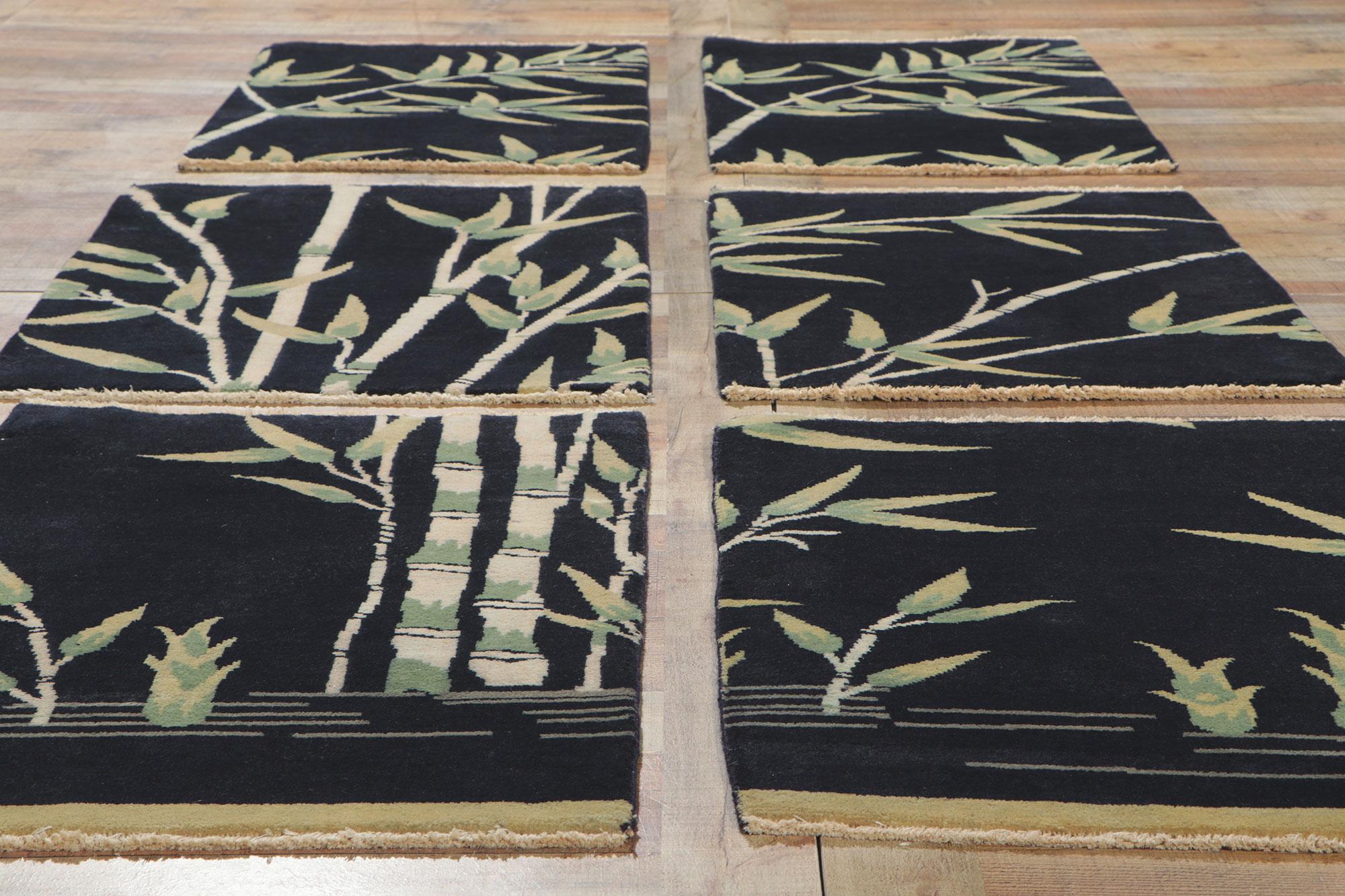 New Chinese Art Deco Rug Set of 6 with Bamboo Pictorial For Sale 1