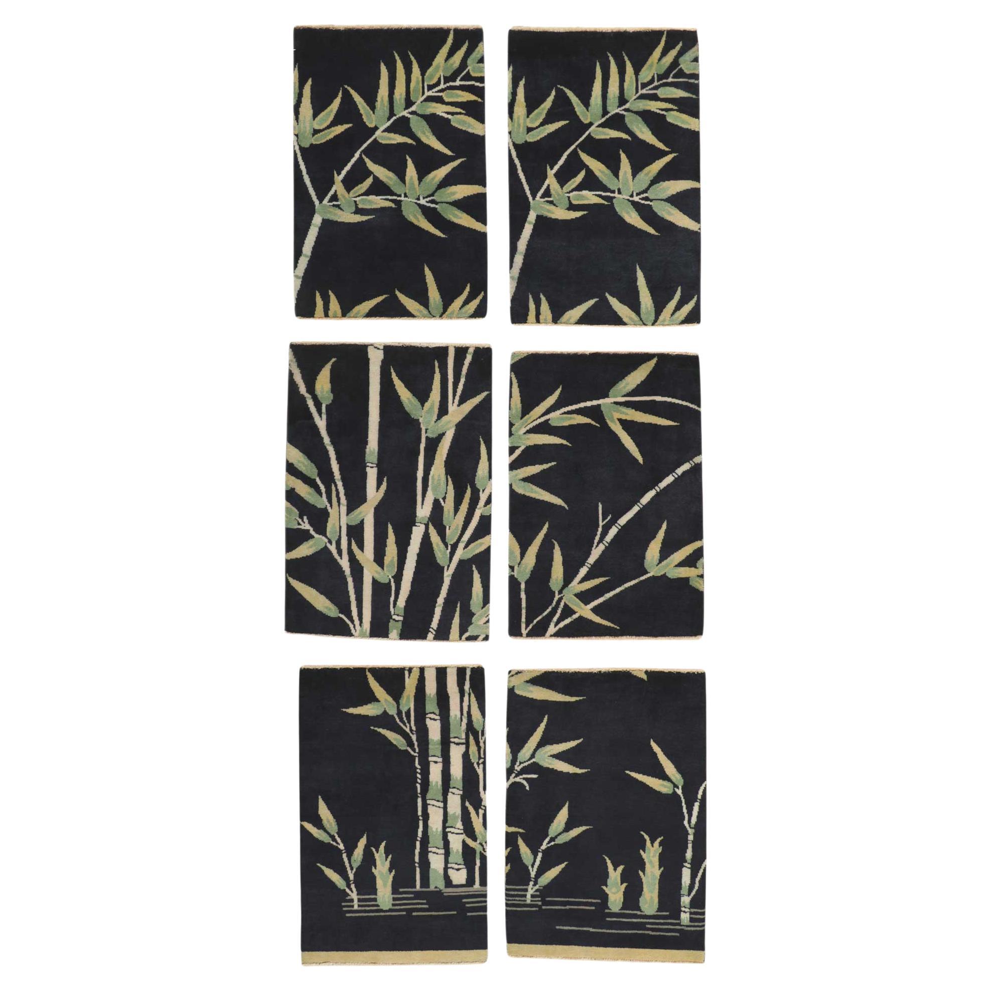 New Chinese Art Deco Rug Set of 6 with Bamboo Pictorial For Sale