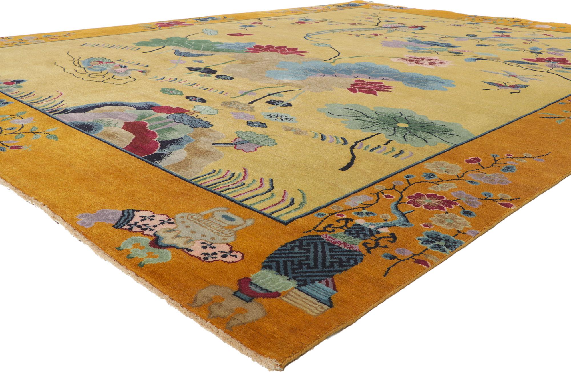 30920 New Chinese Art Deco Rug with Maximalist Style, 10'00 x 13'05.
Emanating maximalism with incredible detail and lavish texture, this Chinese Art Deco style rug is a captivating vision of woven beauty. The mythological imagery and vibrant