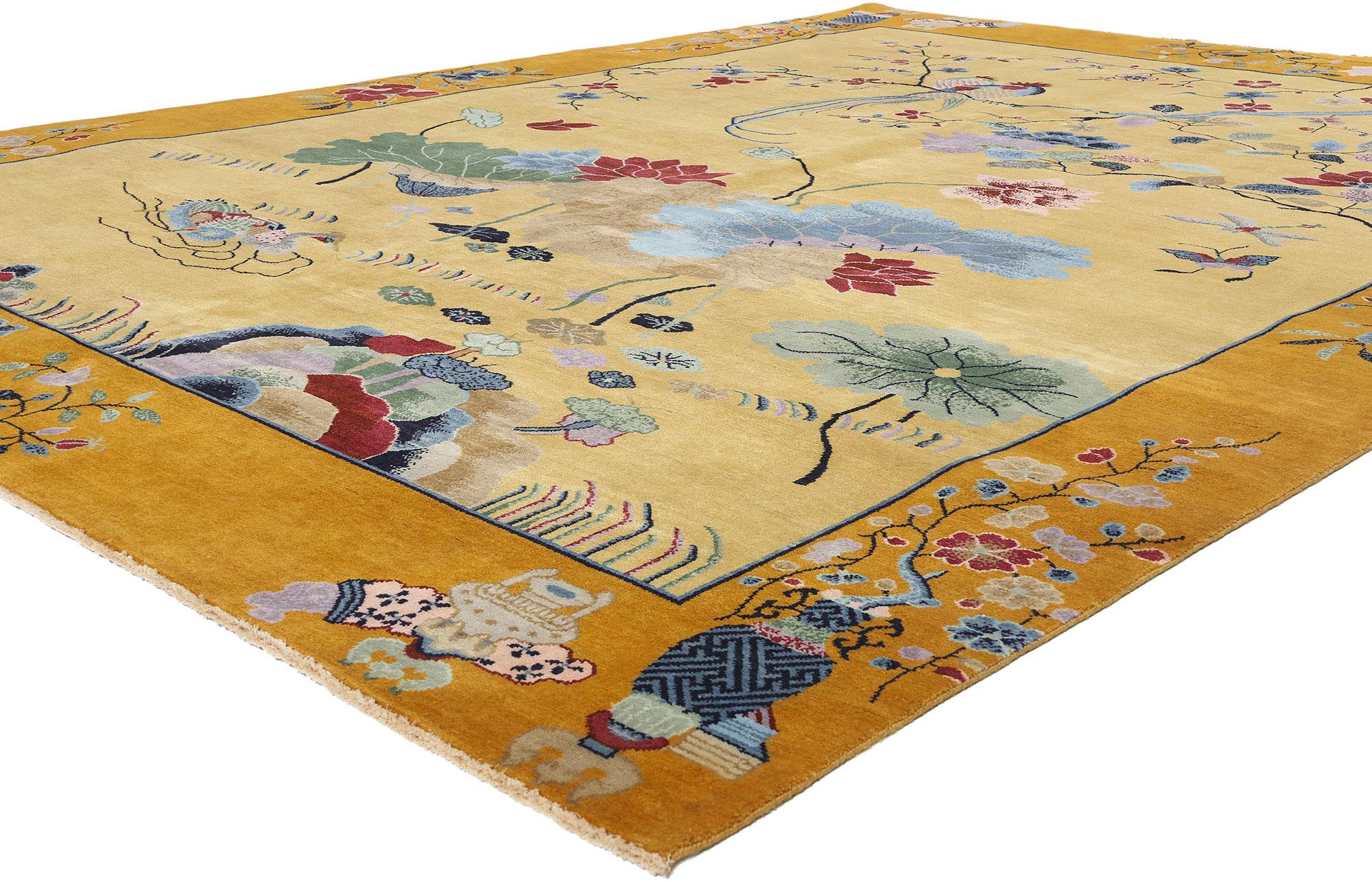 30920 New Chinese Art Deco Rug with Maximalist Style, 10'00 x 13'05. Emanating maximalism with incredible detail and lavish texture, this Chinese Art Deco style rug is a captivating vision of woven beauty. The mythological imagery and vibrant