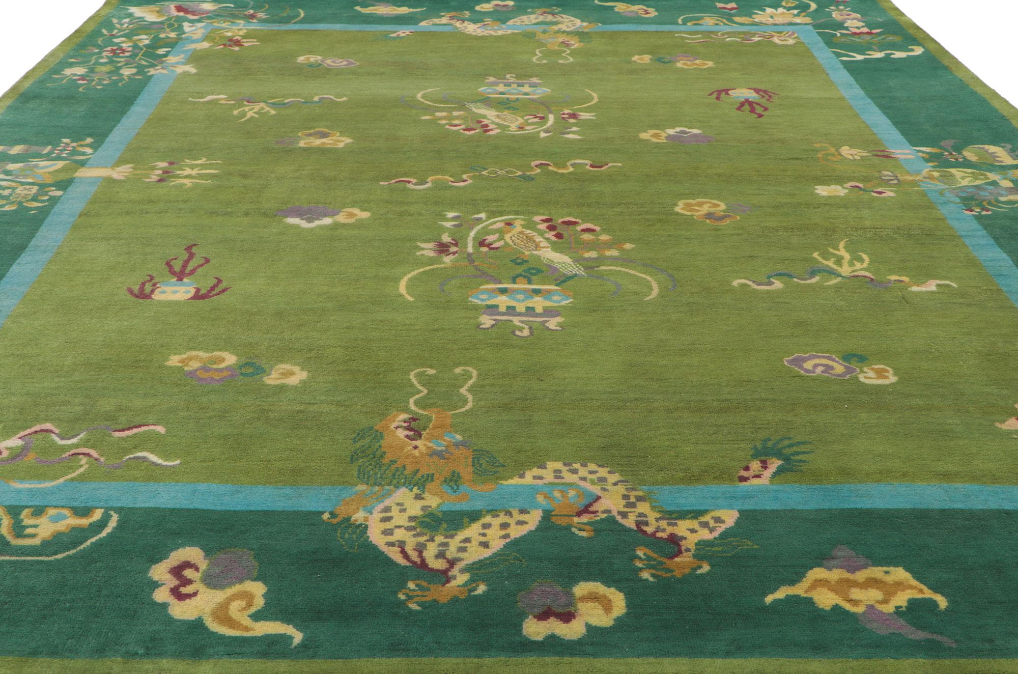 Indian New Green Chinese Art Deco Rug with Maximalist Style