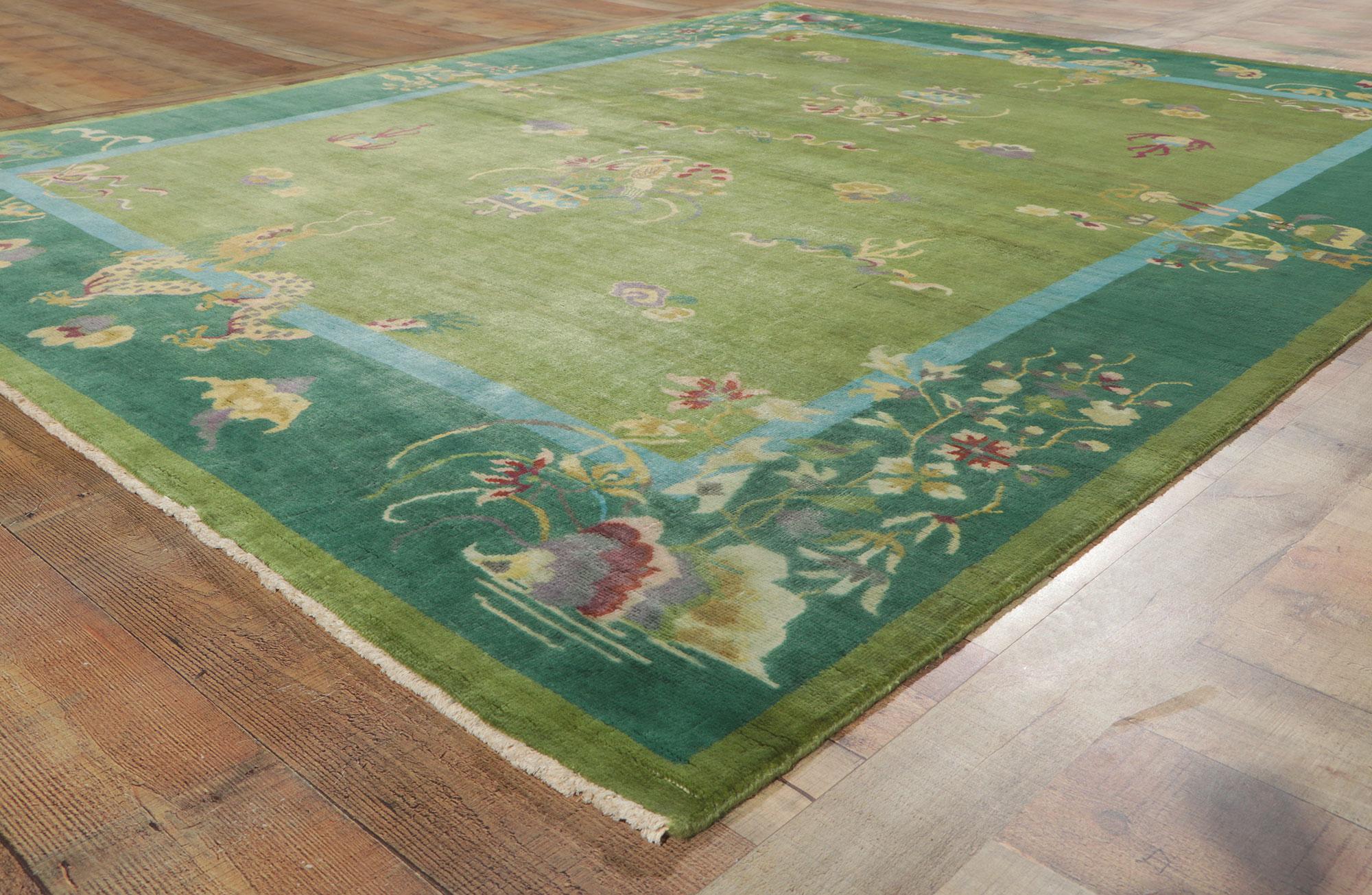 New Green Chinese Art Deco Rug with Maximalist Style In New Condition In Dallas, TX