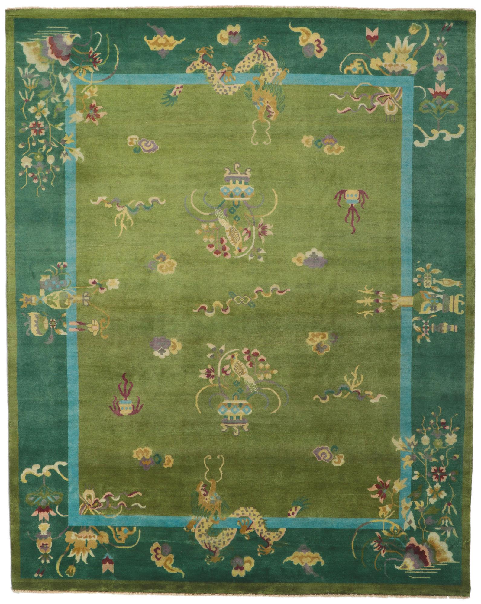 New Green Chinese Art Deco Rug with Maximalist Style 1