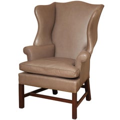New Chippendale Style Tall Mahogany Wing Chair Covered in Leather