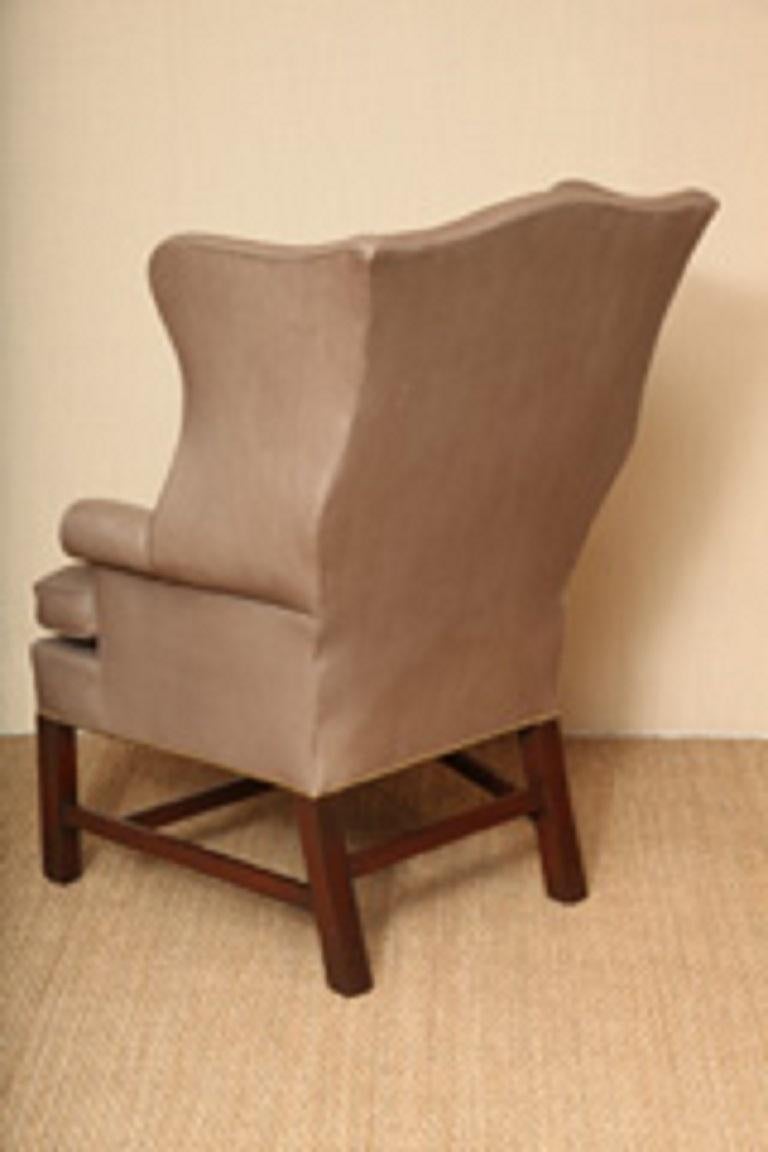 American New Chippendale Style Tall Mahogany Wing Chair Covered in Leather For Sale