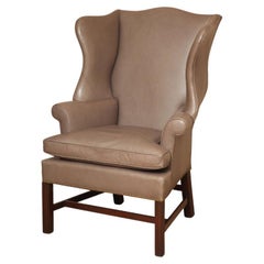 New Chippendale Style Tall Mahogany Wing Chair Covered in Leather