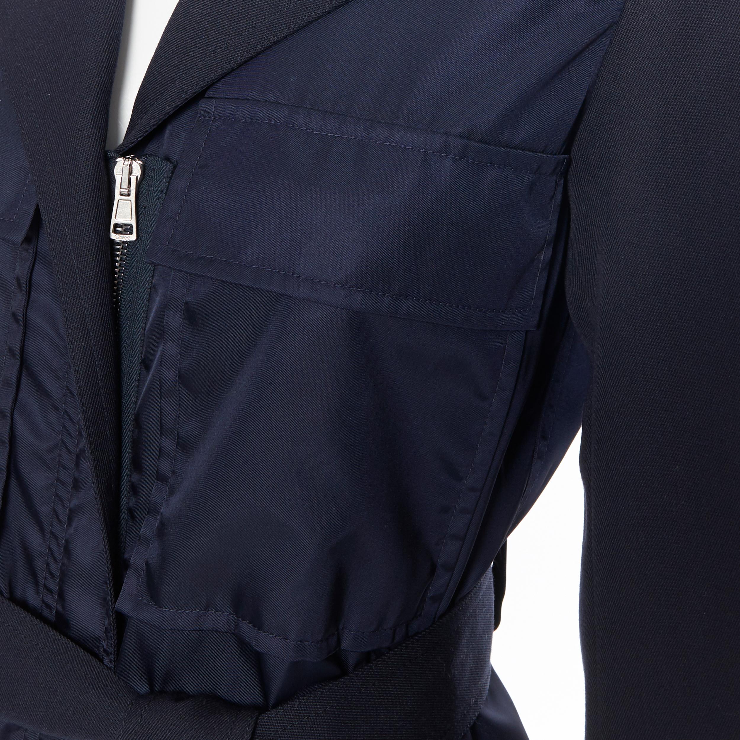 new CHLOE 2018 Iconic Navy contrast bodice safari pocket belted jacket FR34 XS 
Reference: CLYG/A00034 
Brand: Chloe 
Collection: 2018 
Material: Polyester 
Color: Navy 
Pattern: Solid 
Closure: Zip 
Extra Detail: Detachable belt. Flap pocket