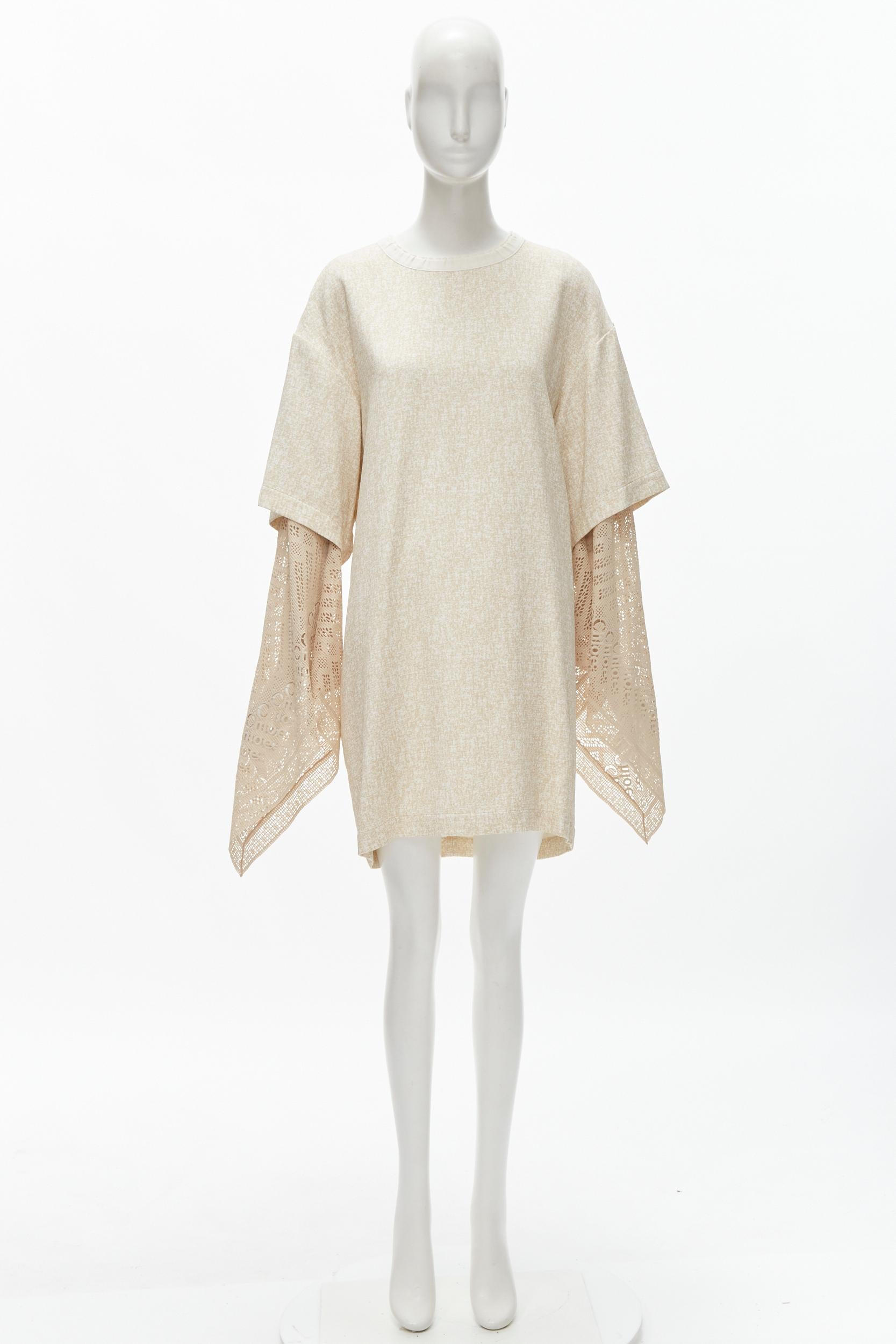new CHLOE 2019 Sandy Khaki speckle bohemian crochet sleeves layered dress FR40 M For Sale 6