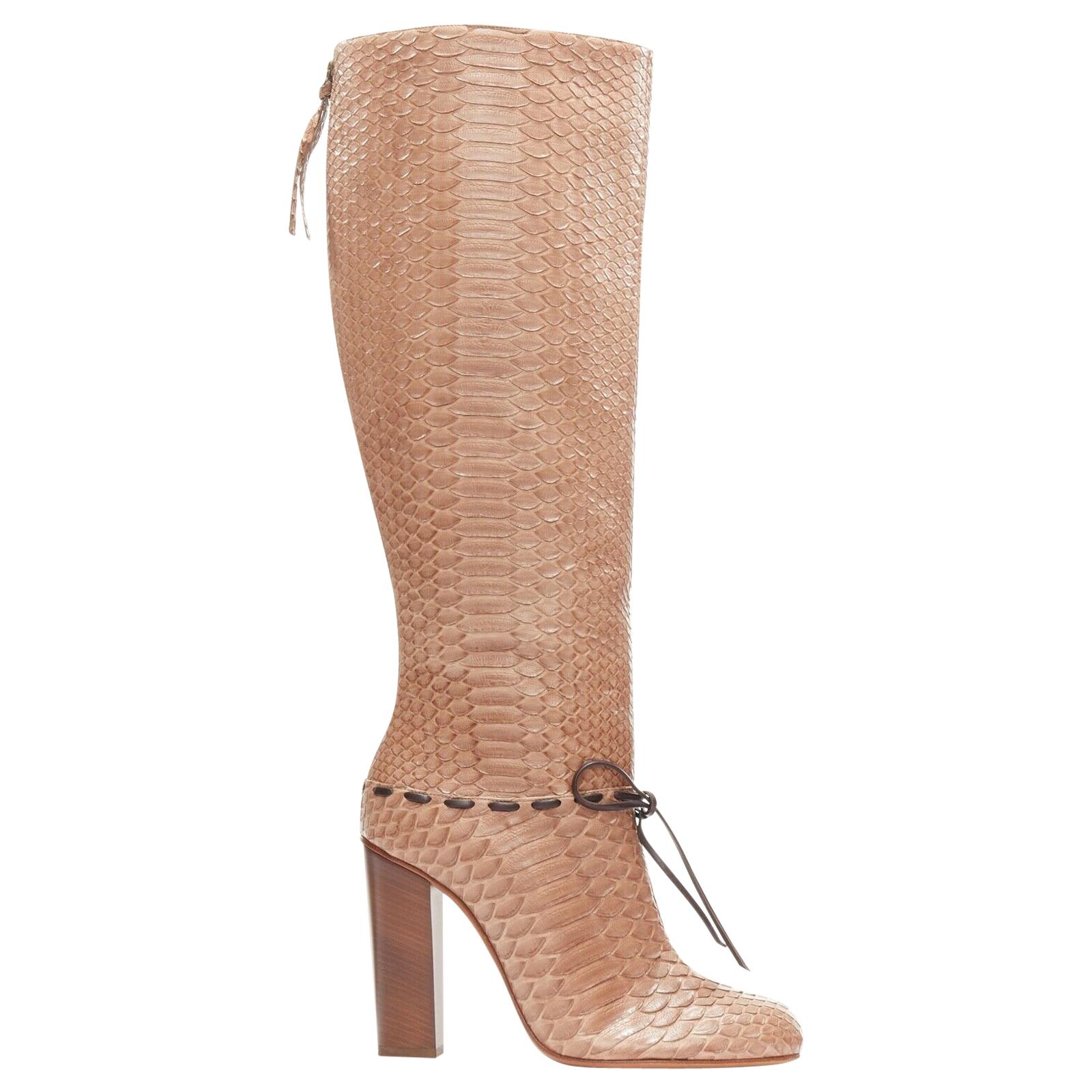new CHLOE brown scaled python leather overstitch bow round toe tall ...