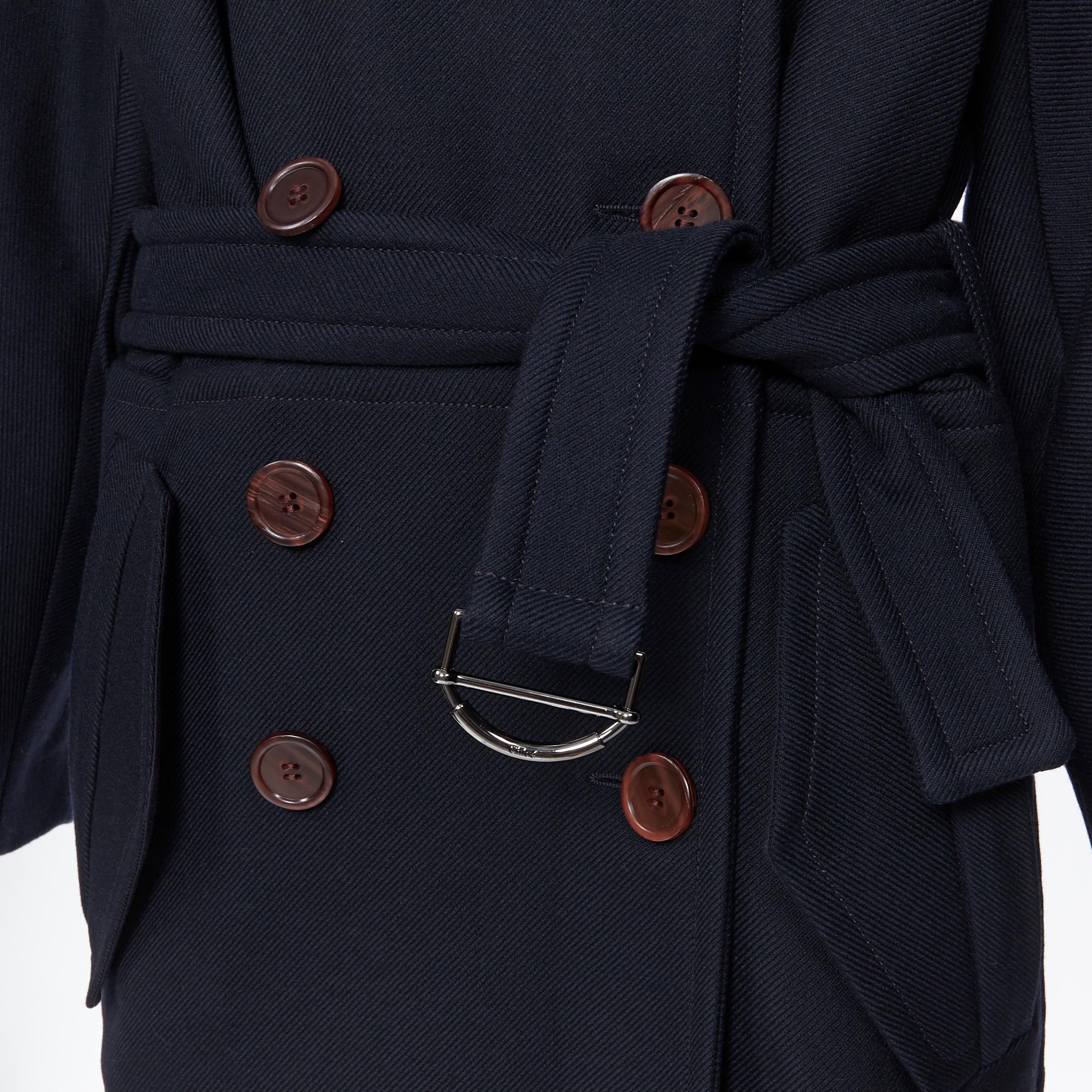 Women's new CHLOE Iconic Navy wool ruffle front double brasted belted trench coat FR36