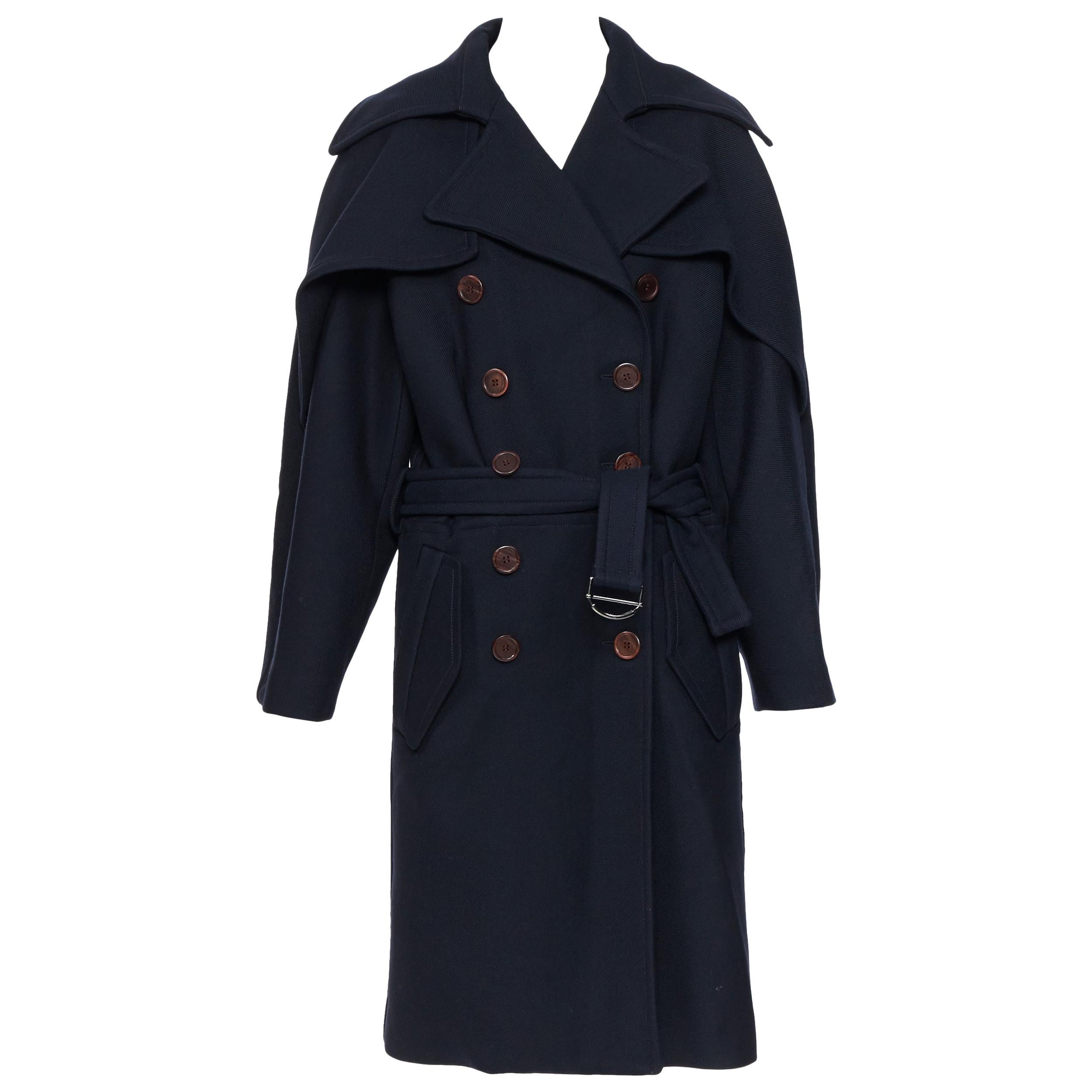 new CHLOE Iconic Navy wool ruffle front double brasted belted trench coat FR36