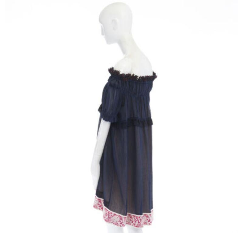 new CHLOE navy embroidery lace trim off shoulder boho dress FR36 S For Sale 2