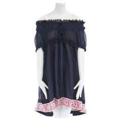 new CHLOE navy embroidery lace trim off shoulder boho dress FR36 S