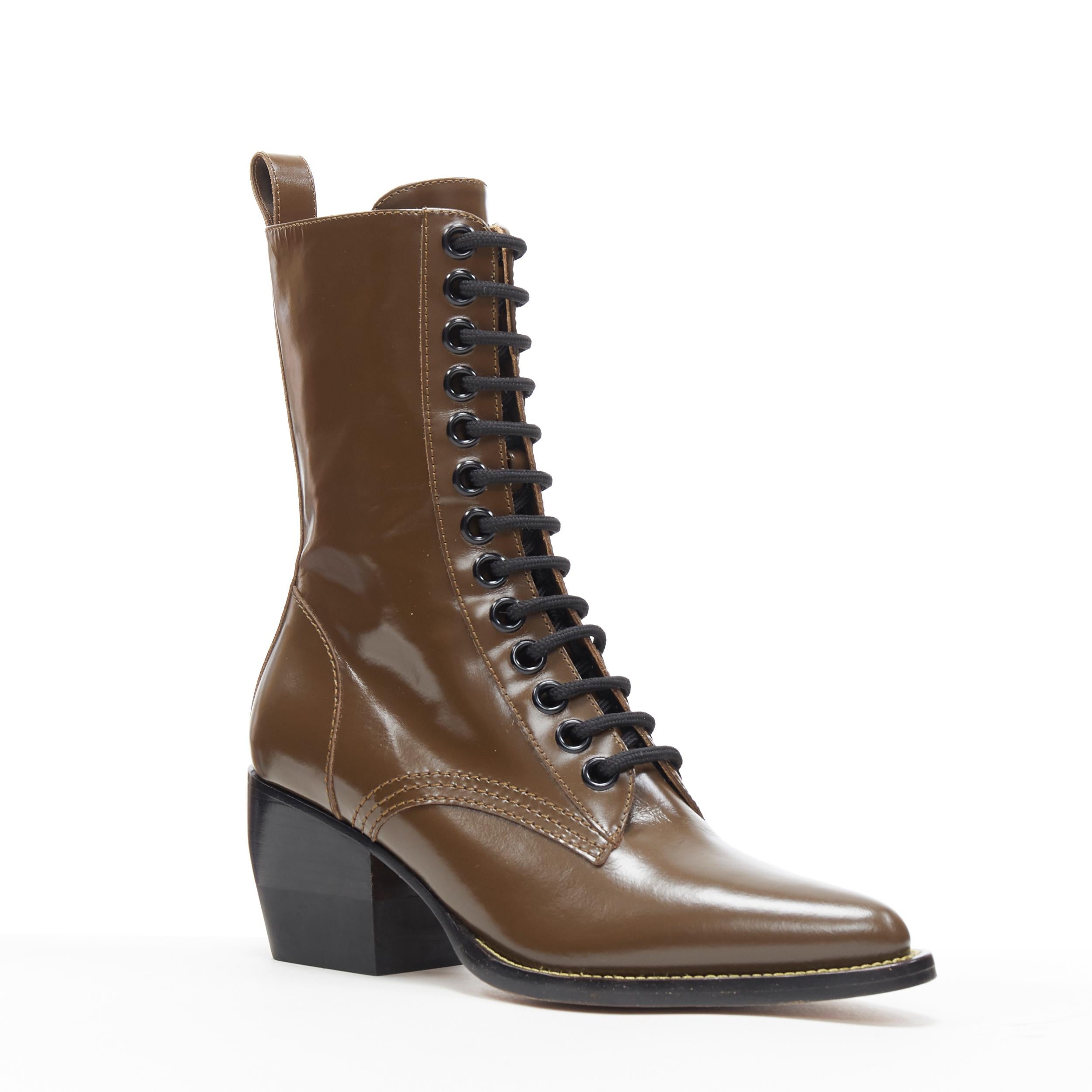new CHLOE Runway Rylee army green leather block heel pointed toe boot EU36.5
Brand: Chloe
Model Name / Style: Rylee
Material: Leather
Color: Green
Pattern: Solid
Closure: Lace up
Extra Detail: Signature Runway Rylee boots by Chloe. Ankle boots. Army