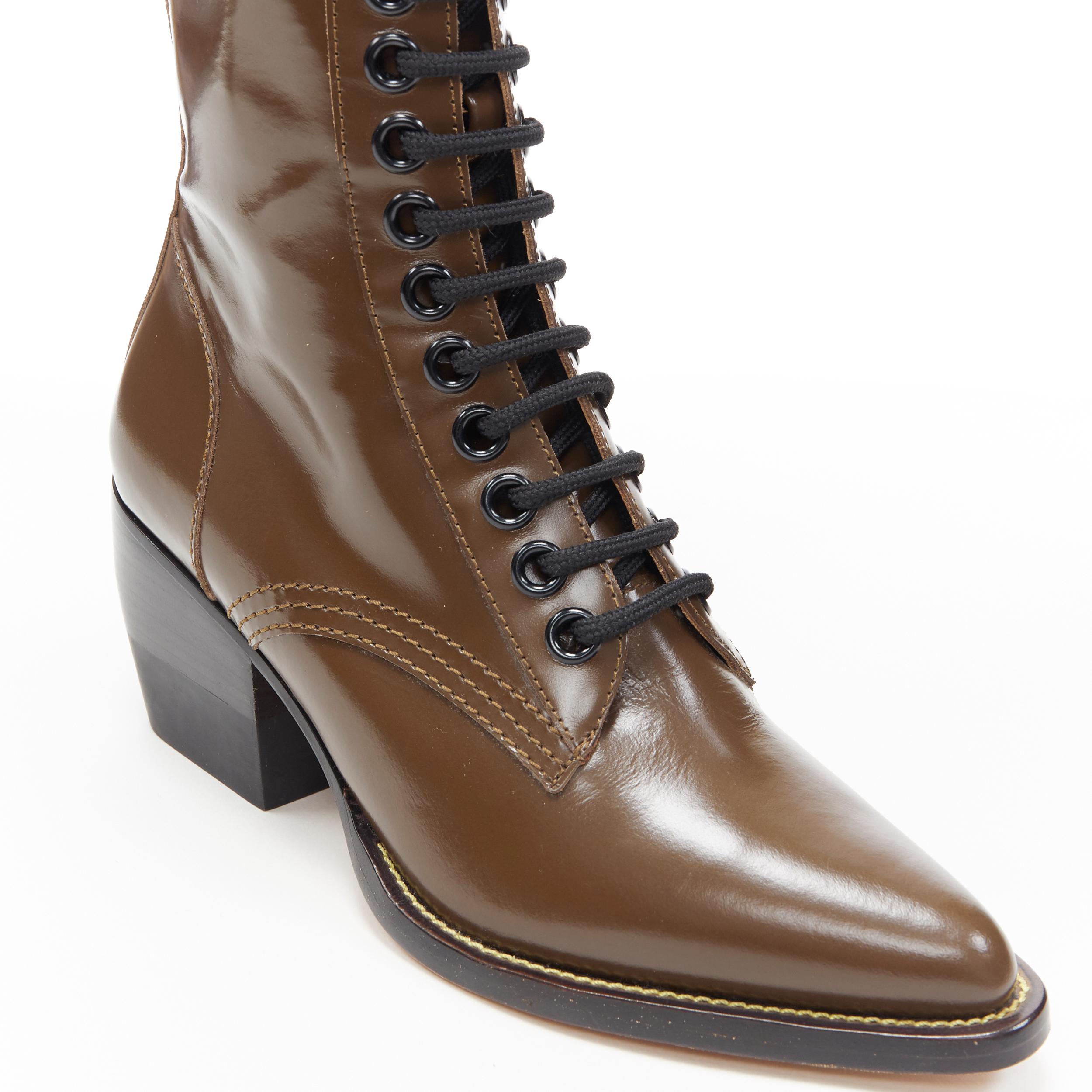 new CHLOE Runway Rylee army green leather block heel pointed toe boot EU36.5 1