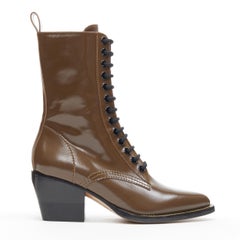 new CHLOE Runway Rylee army green leather lace block heel pointed toe boot EU41