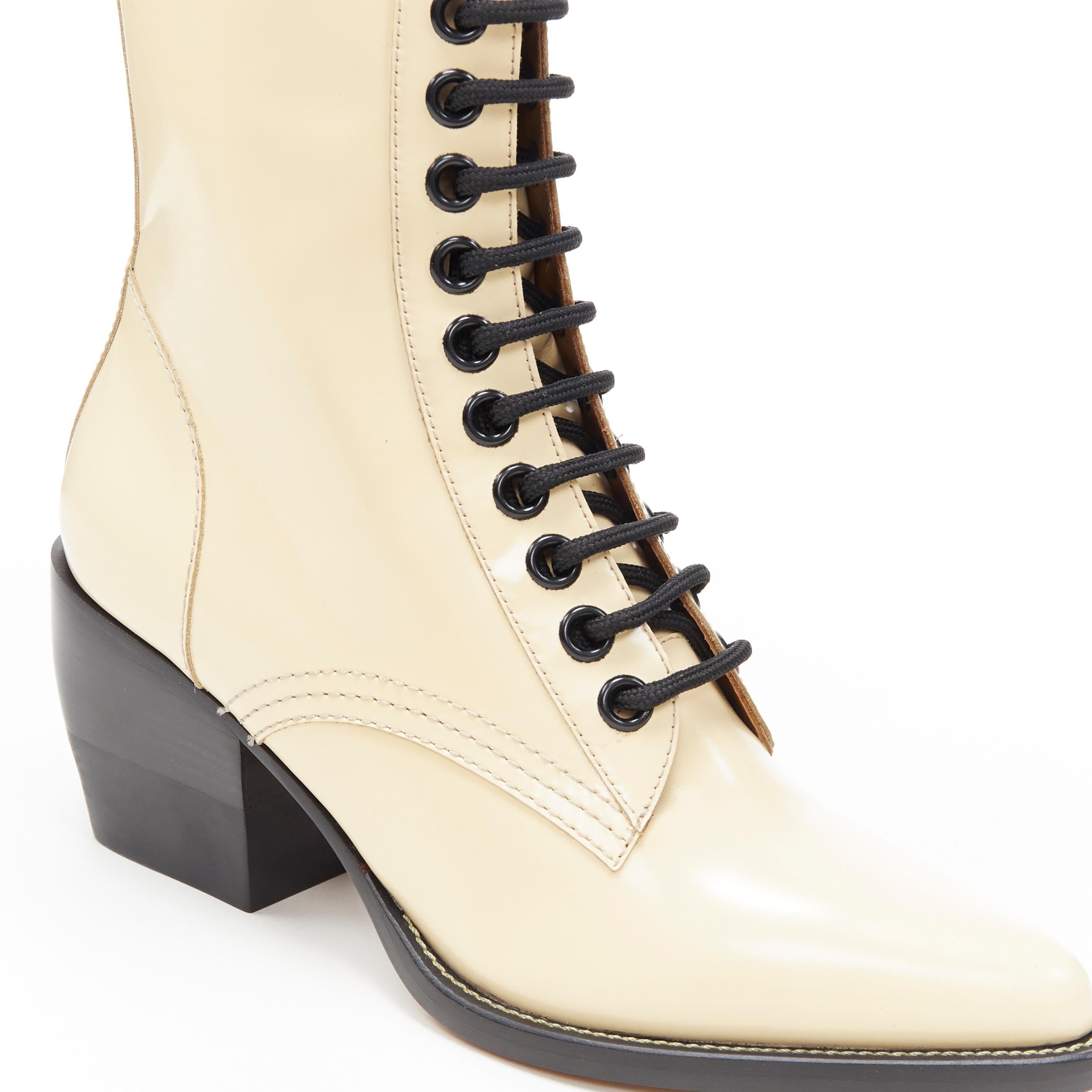 new CHLOE Runway Rylee beige leather lace up block heel pointed toe boot EU39 2