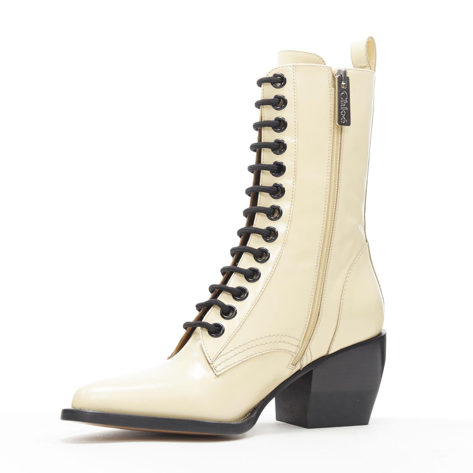 Women's new CHLOE Runway Rylee beige leather lace up block heel pointed toe boot EU39.5