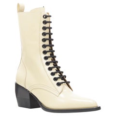 new CHLOE Runway Rylee beige leather lace up block heel pointed toe boot EU39.5