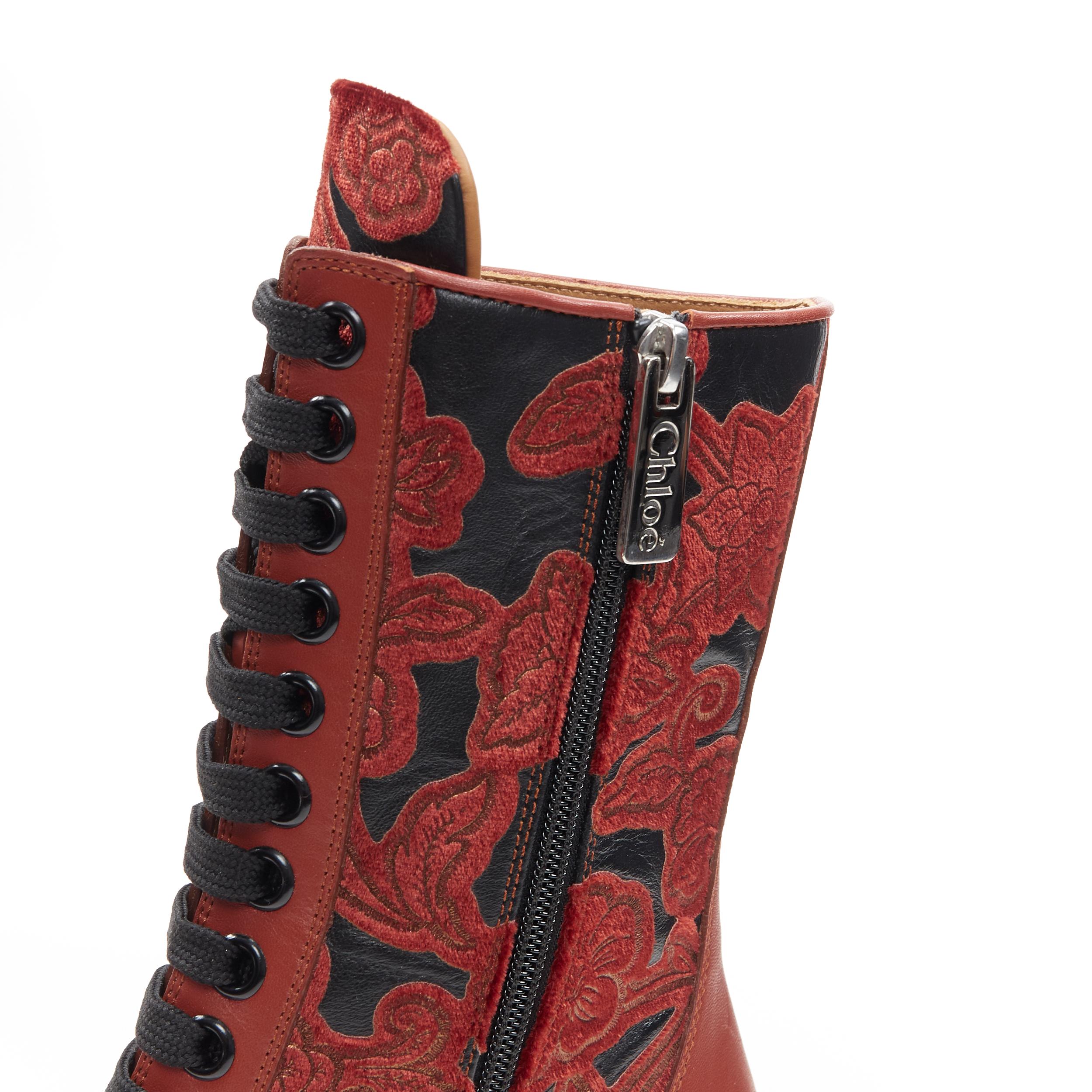new CHLOE Runway Rylee black red floral embroidery studded heel devore boot EU39 3