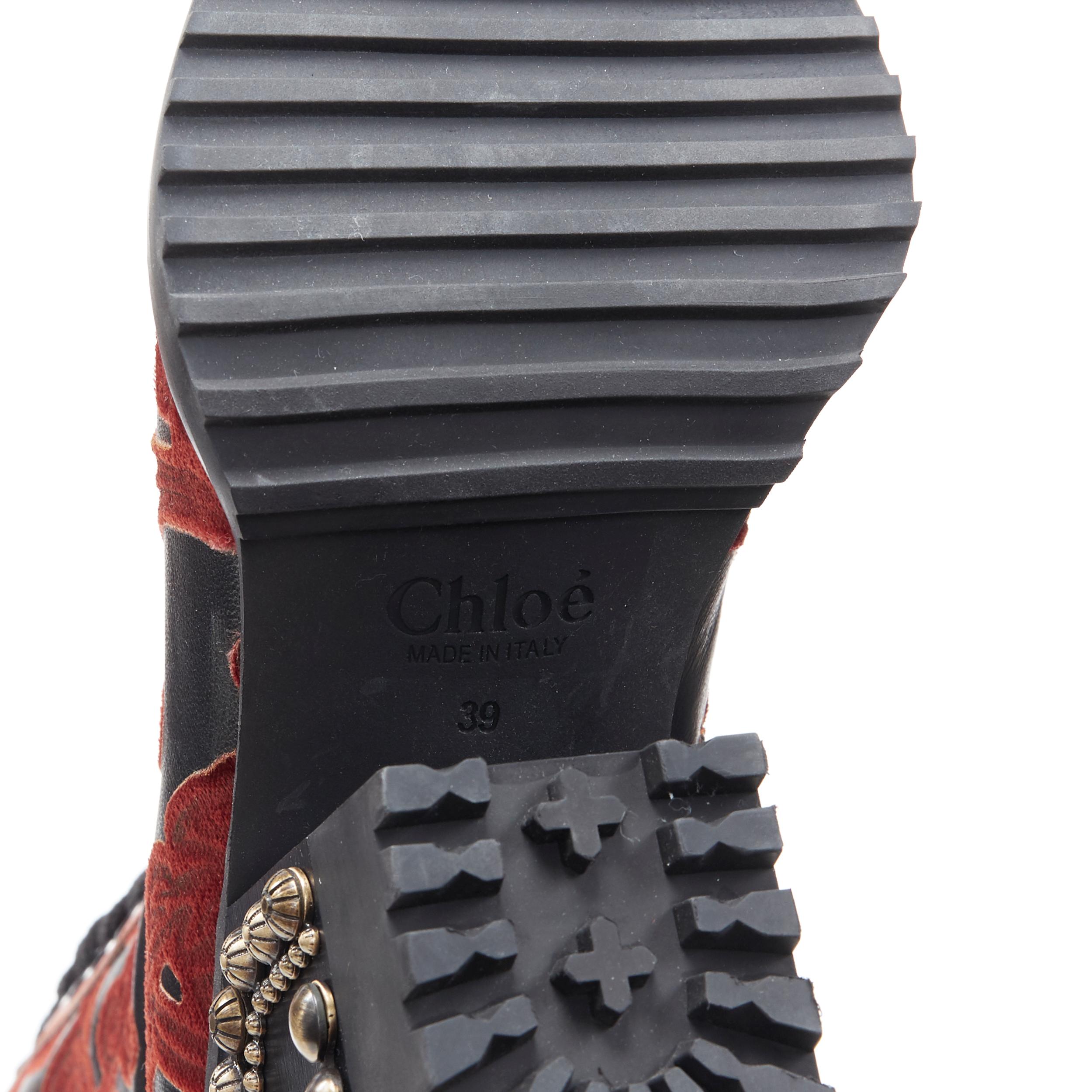 new CHLOE Runway Rylee black red floral embroidery studded heel devore boot EU39 4