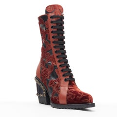 new CHLOE Runway Rylee black red floral embroidery studded heel devore boot EU39