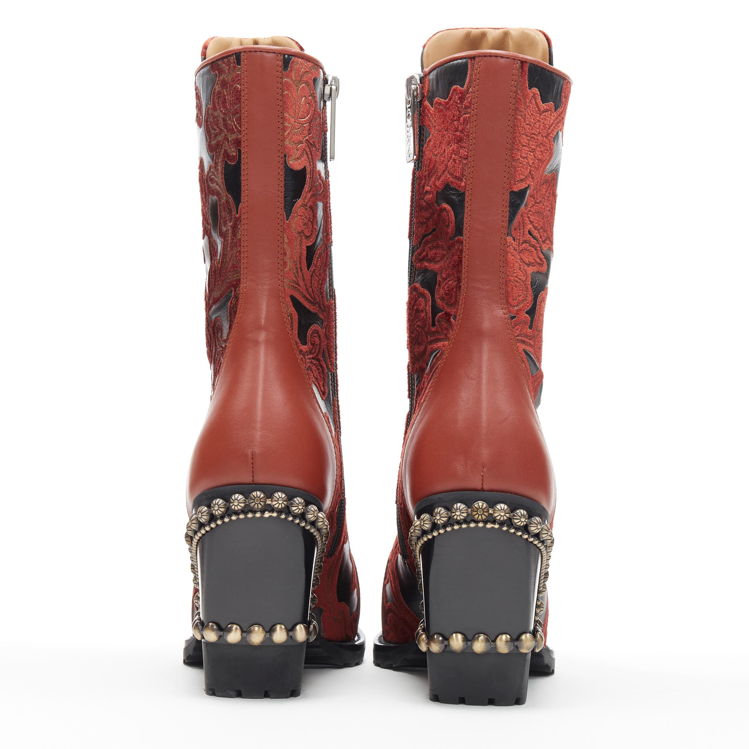 Brown new CHLOE Runway Rylee black red floral embroidery studded heel devore boot EU39