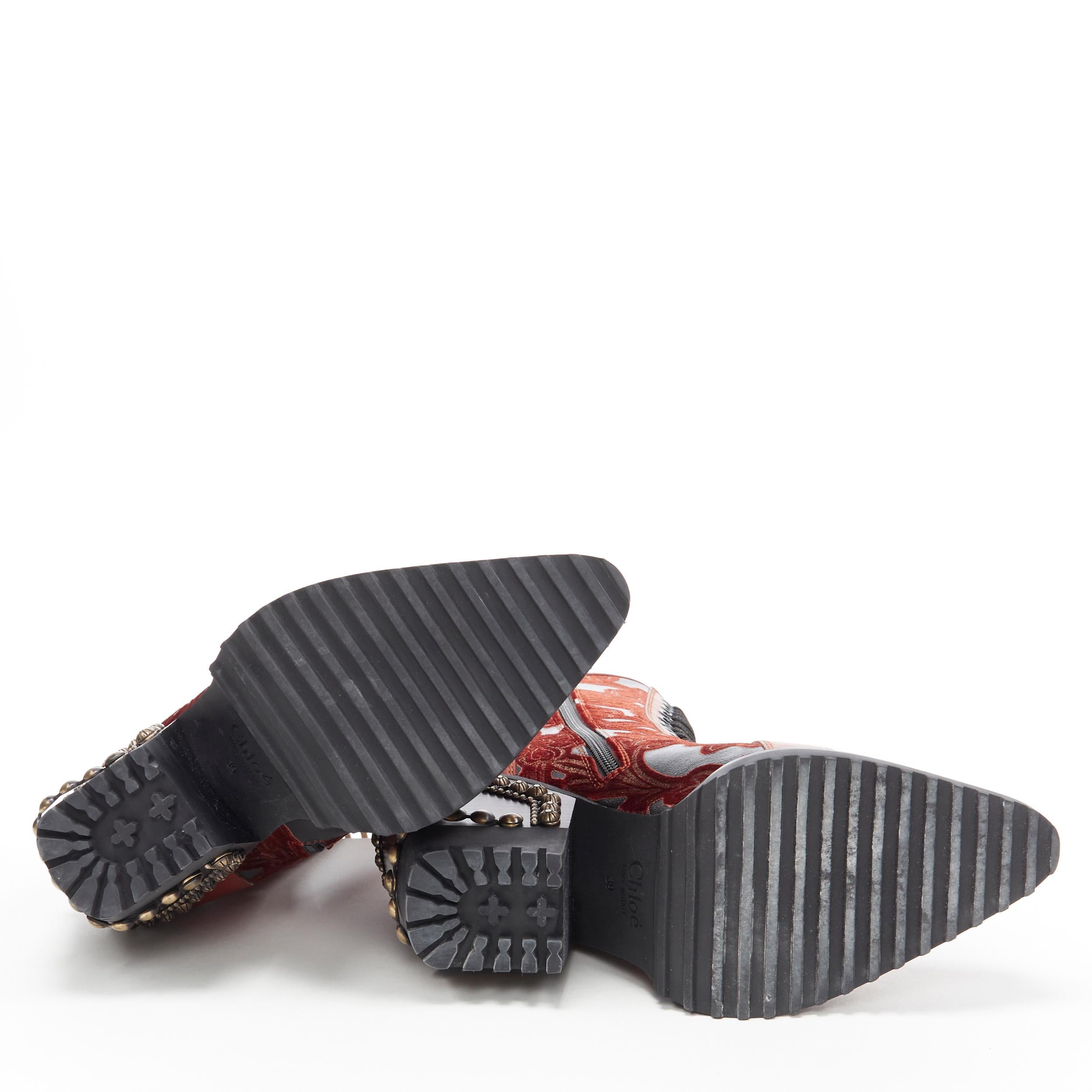 new CHLOE Runway Rylee black red floral embroidery studded heel devore boot EU39 In New Condition In Hong Kong, NT