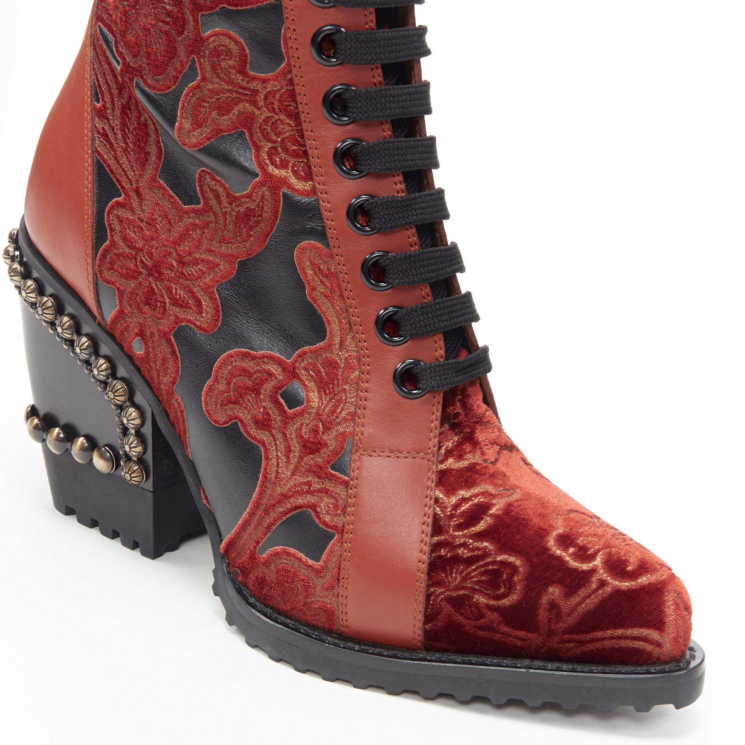 new CHLOE Runway Rylee black red floral embroidery studded heel devore boot EU39 1