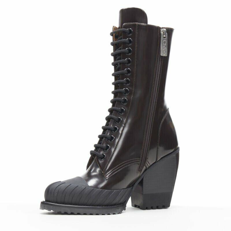 Women's new CHLOE Runway Rylee brown glossy leather block heel heel rubber boot EU37.5 For Sale