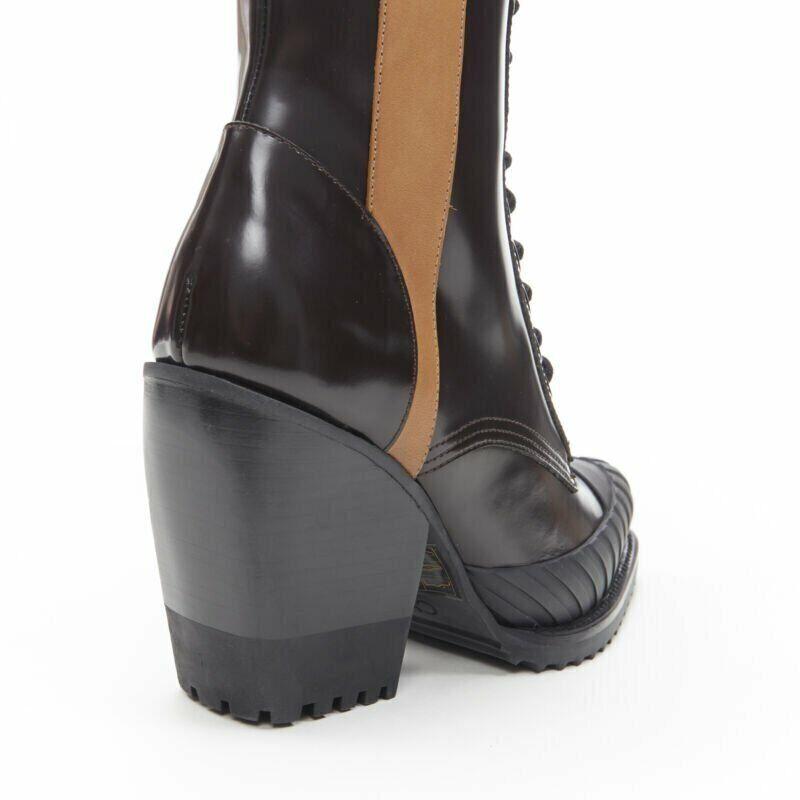 new CHLOE Runway Rylee brown glossy leather block heel heel rubber boot EU37.5 For Sale 5