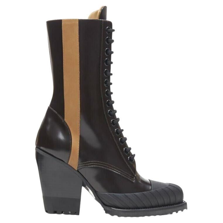 new CHLOE Runway Rylee brown glossy leather block heel heel rubber boot EU37.5 For Sale