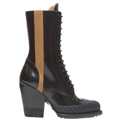 new CHLOE Runway Rylee brown glossy leather block heel heel rubber boot EU37.5