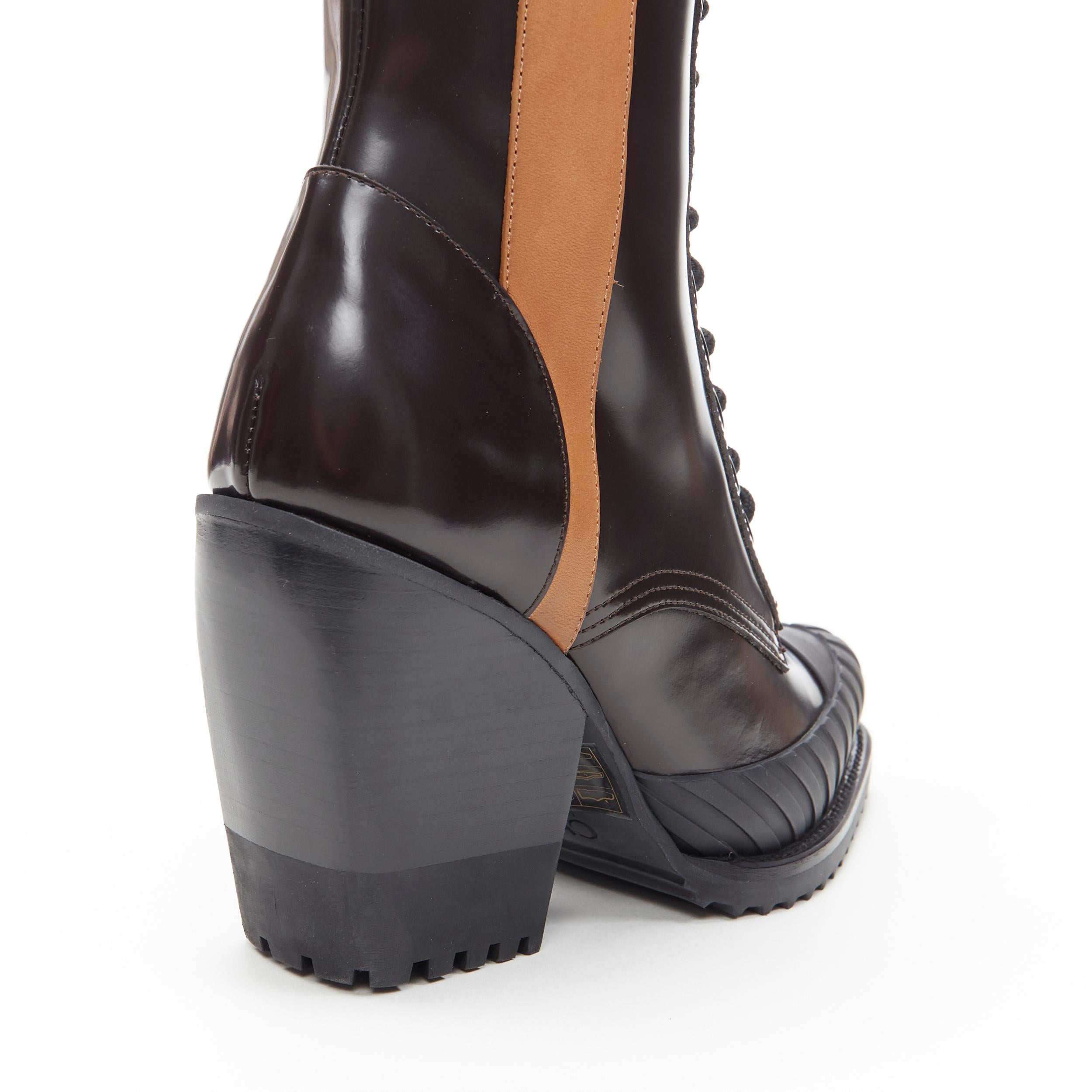 new CHLOE Runway Rylee brown glossy leather block heel heel rubber boot EU38.5 2