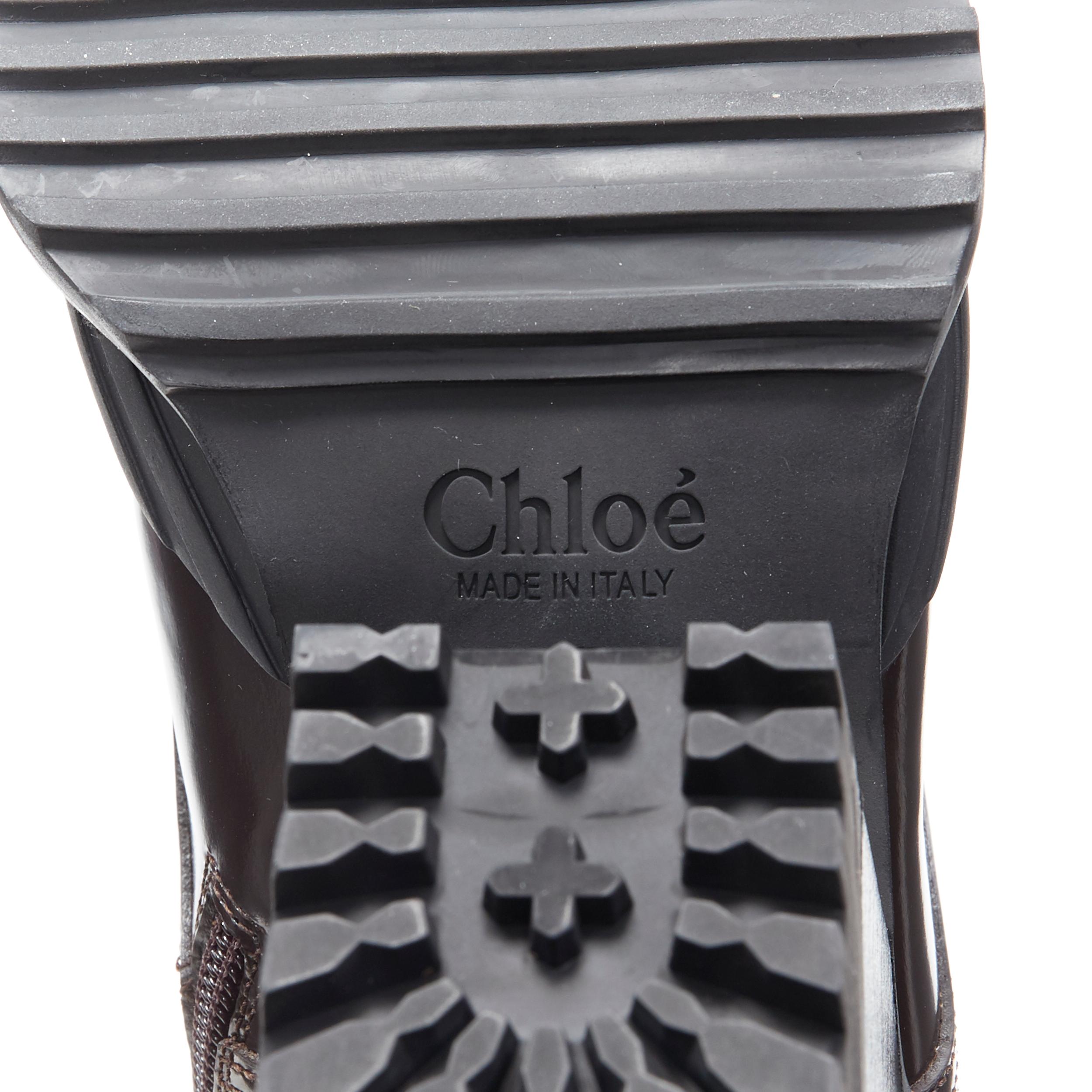 new CHLOE Runway Rylee brown glossy leather block heel heel rubber boot EU38.5 4