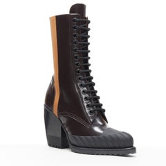 new CHLOE Runway Rylee brown glossy leather block heel heel rubber boot EU38.5