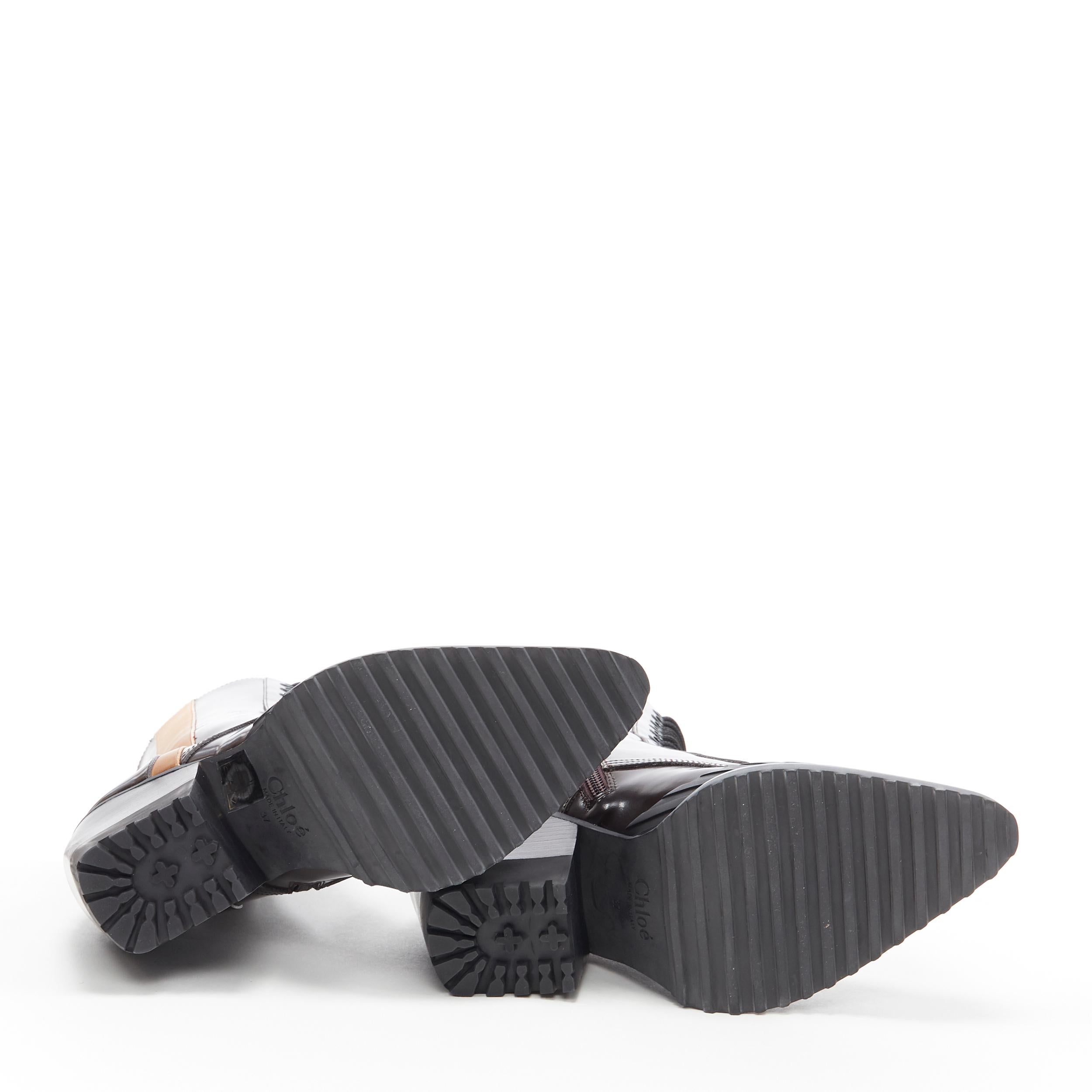 Black new CHLOE Runway Rylee brown glossy leather block heel heel rubber boot EU38.5