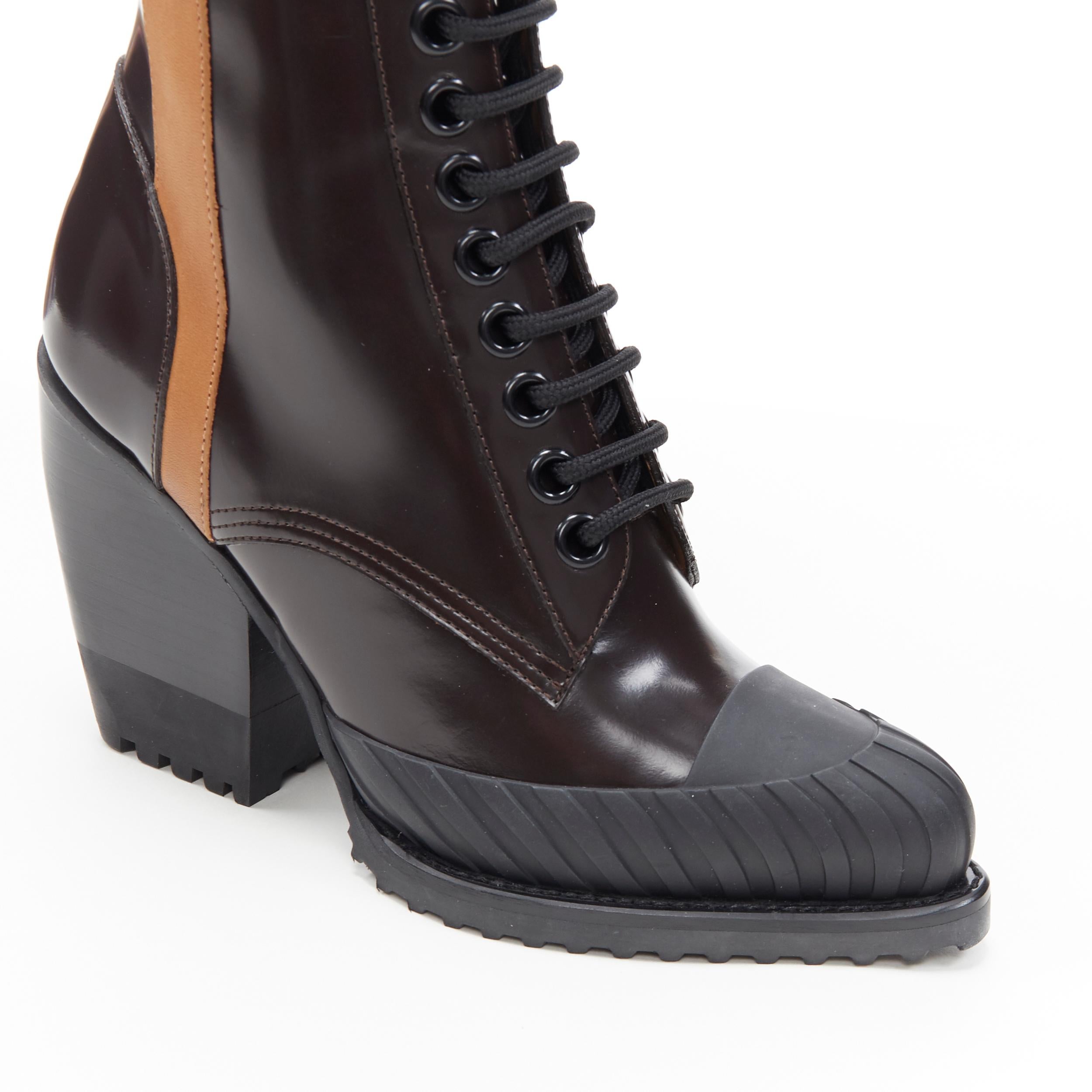 Women's new CHLOE Runway Rylee brown glossy leather block heel heel rubber boot EU38.5