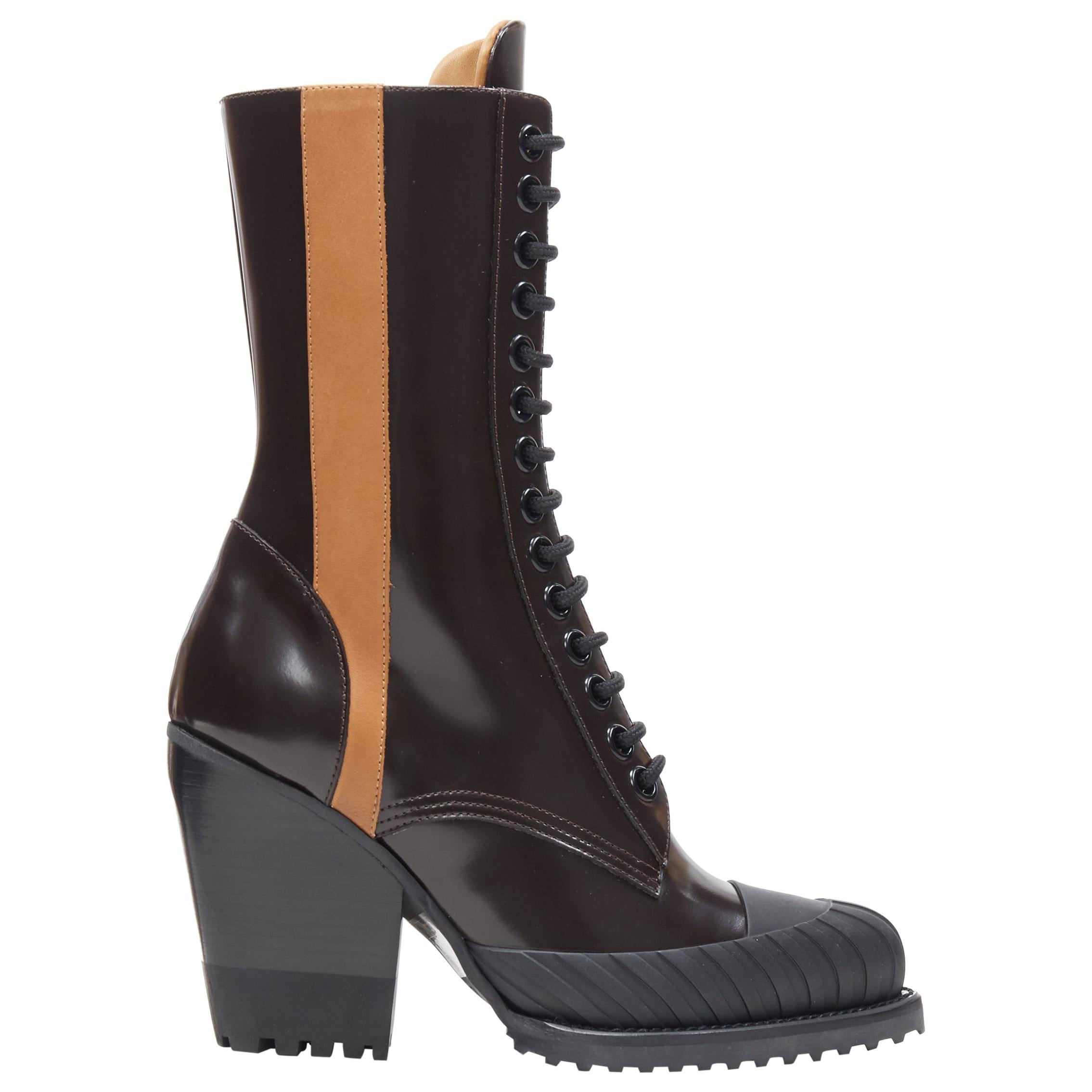 new CHLOE Runway Rylee brown glossy leather block heel heel rubber boot EU38.5