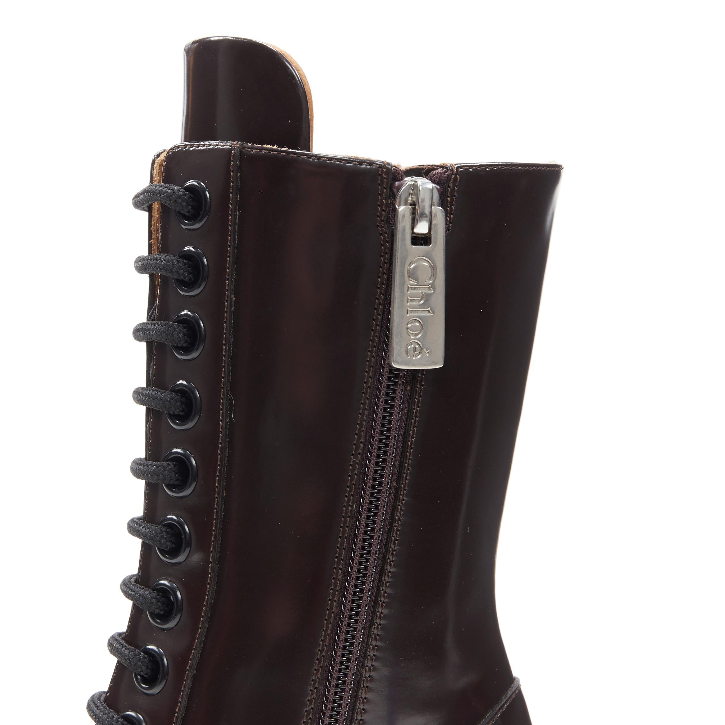 new CHLOE Runway Rylee brown glossy leather block heel heel rubber toe boot EU37 4