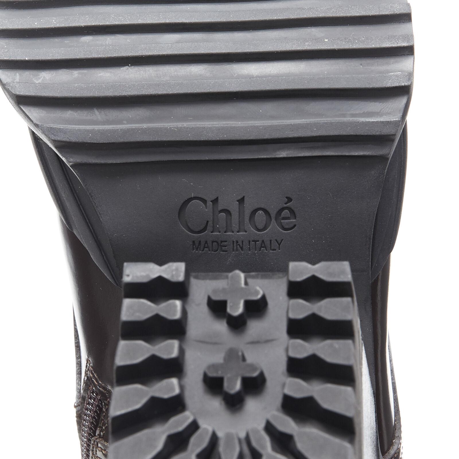 new CHLOE Runway Rylee brown glossy leather block heel heel rubber toe boot EU37 7