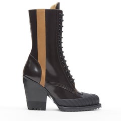 new CHLOE Runway Rylee brown glossy leather block heel heel rubber toe boot EU37