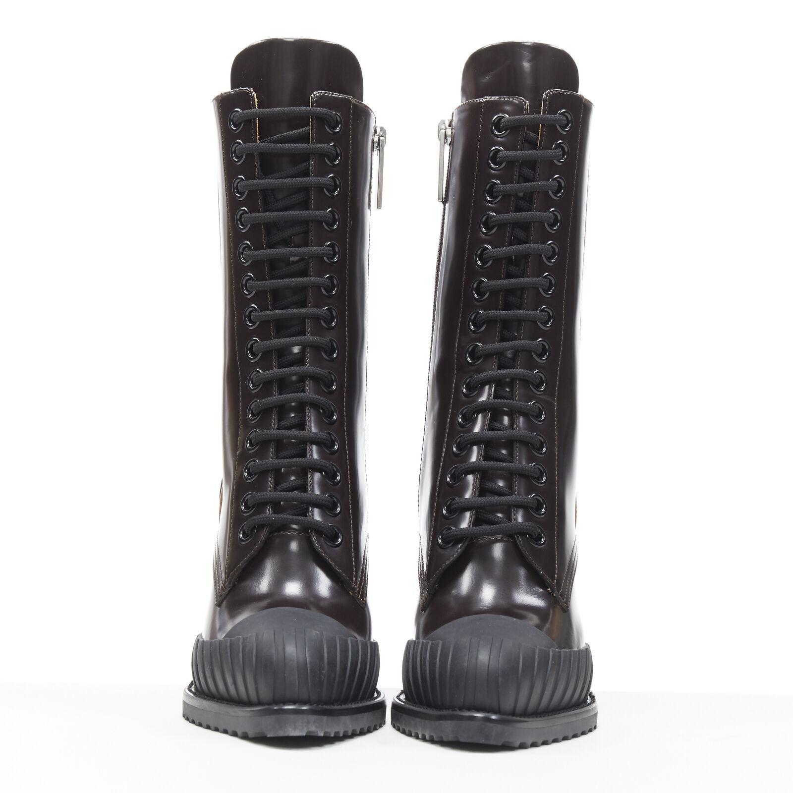 Black new CHLOE Runway Rylee brown glossy leather block heel heel rubber toe boot EU37