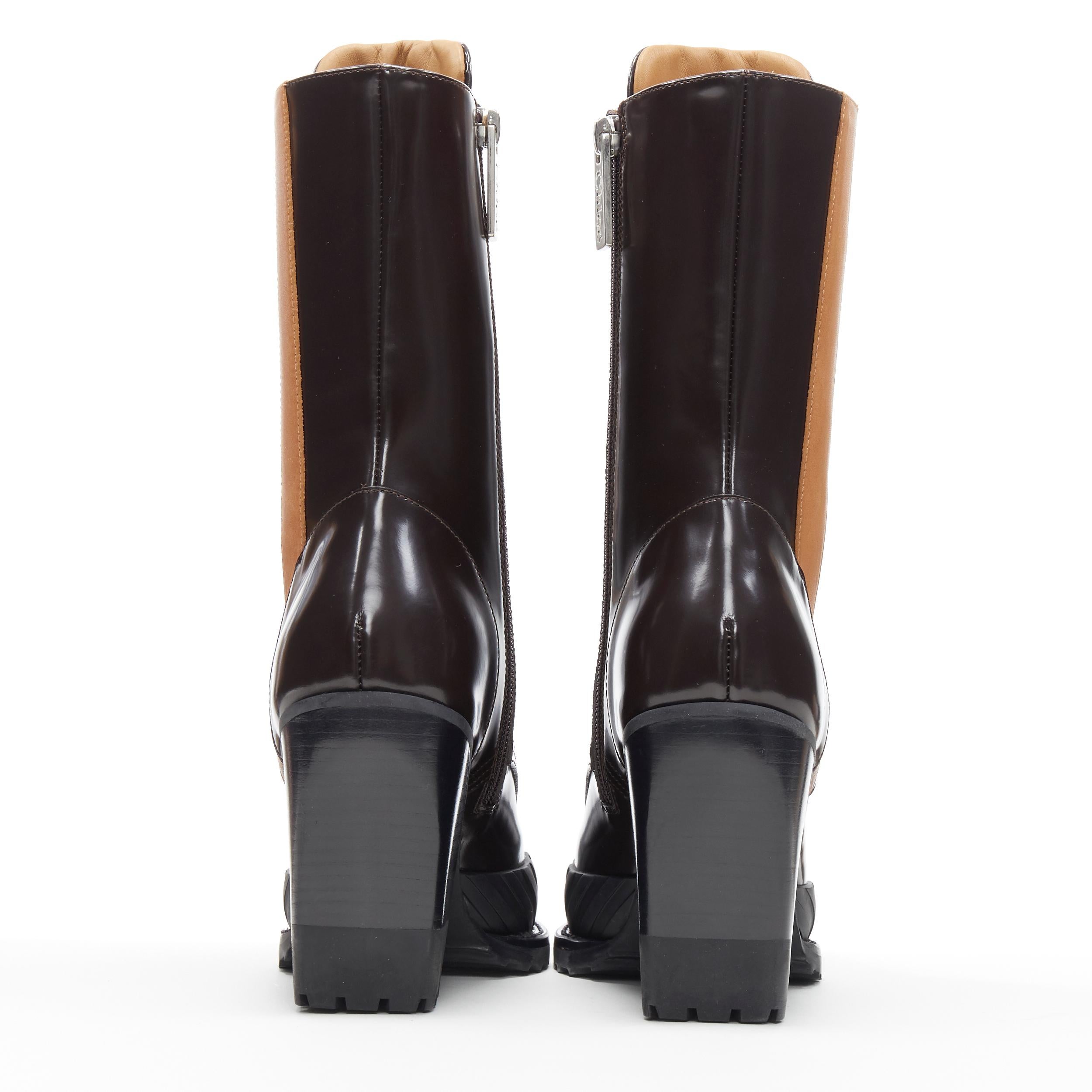 new CHLOE Runway Rylee brown glossy leather block heel heel rubber toe boot EU37 In New Condition In Hong Kong, NT